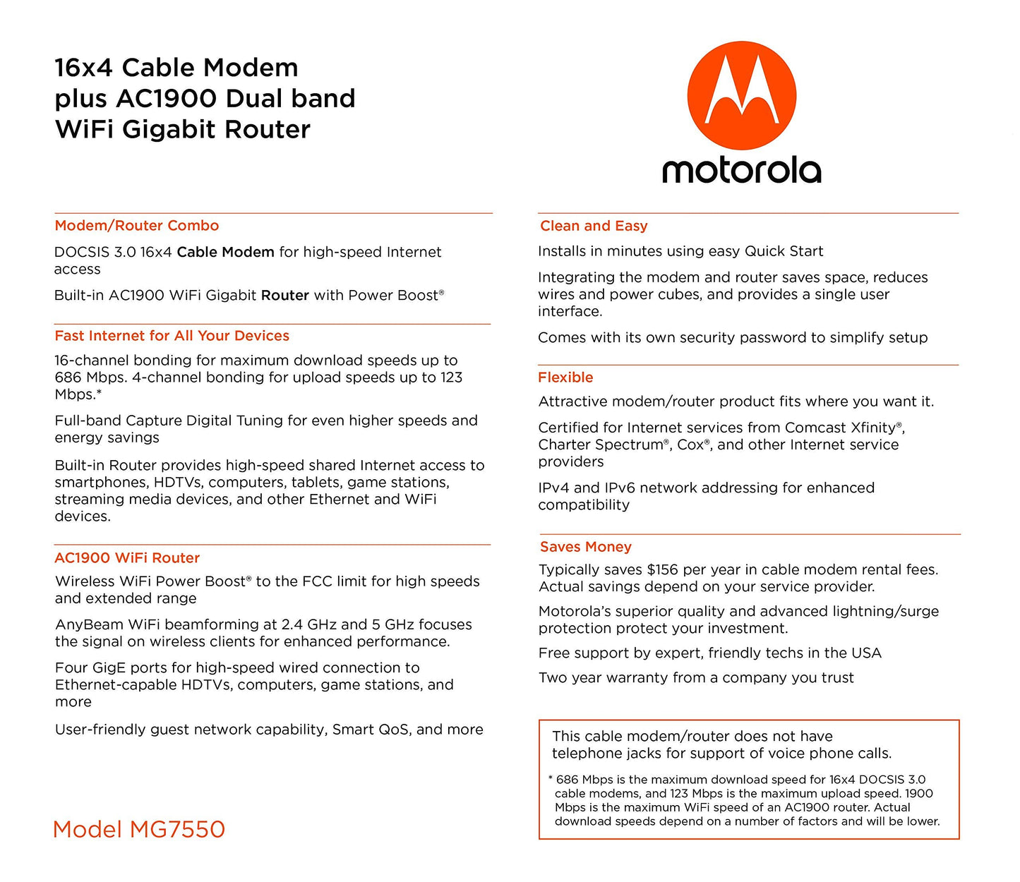 Motorola MG7550 16x4 Cable Modem Plus AC1900 Dual Band WiFi Gigabit Router with Power Boost and DFS, 686 Mbps Maximum DOCSIS 3.0 - Approved by Comcast Xfinity, Cox, Charter Spectrum, More (Black)