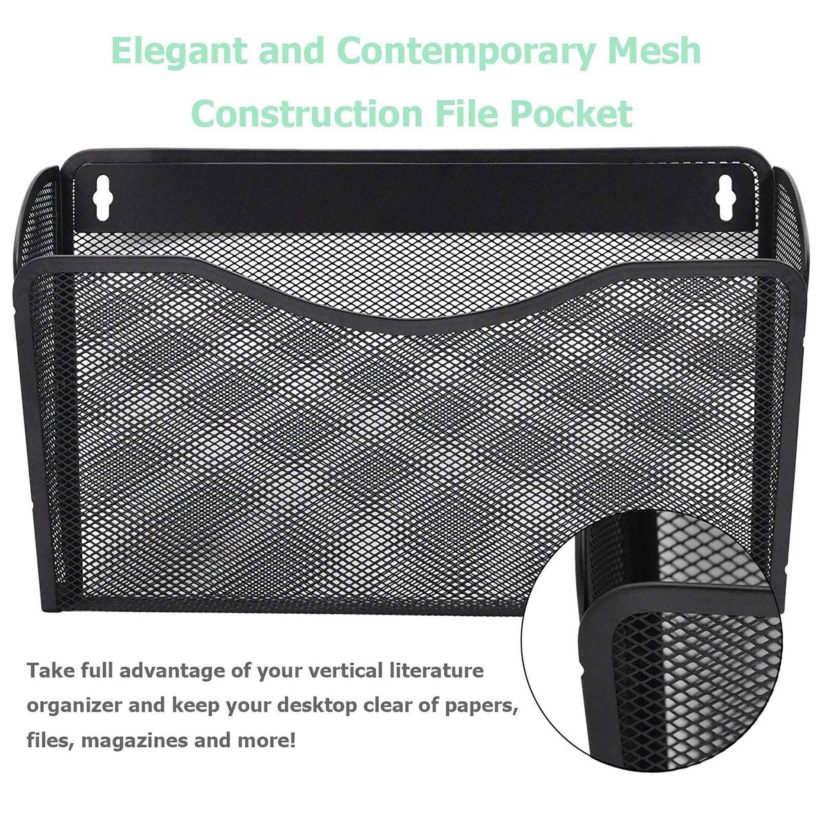 EASEPRES 3 Single Pocket Mesh Hanging File Organizer, Vertical Wall Mounted Magazine File Holder, Mount Basket Mail Paper Document Folder Organizing for Office, Home and School, Black