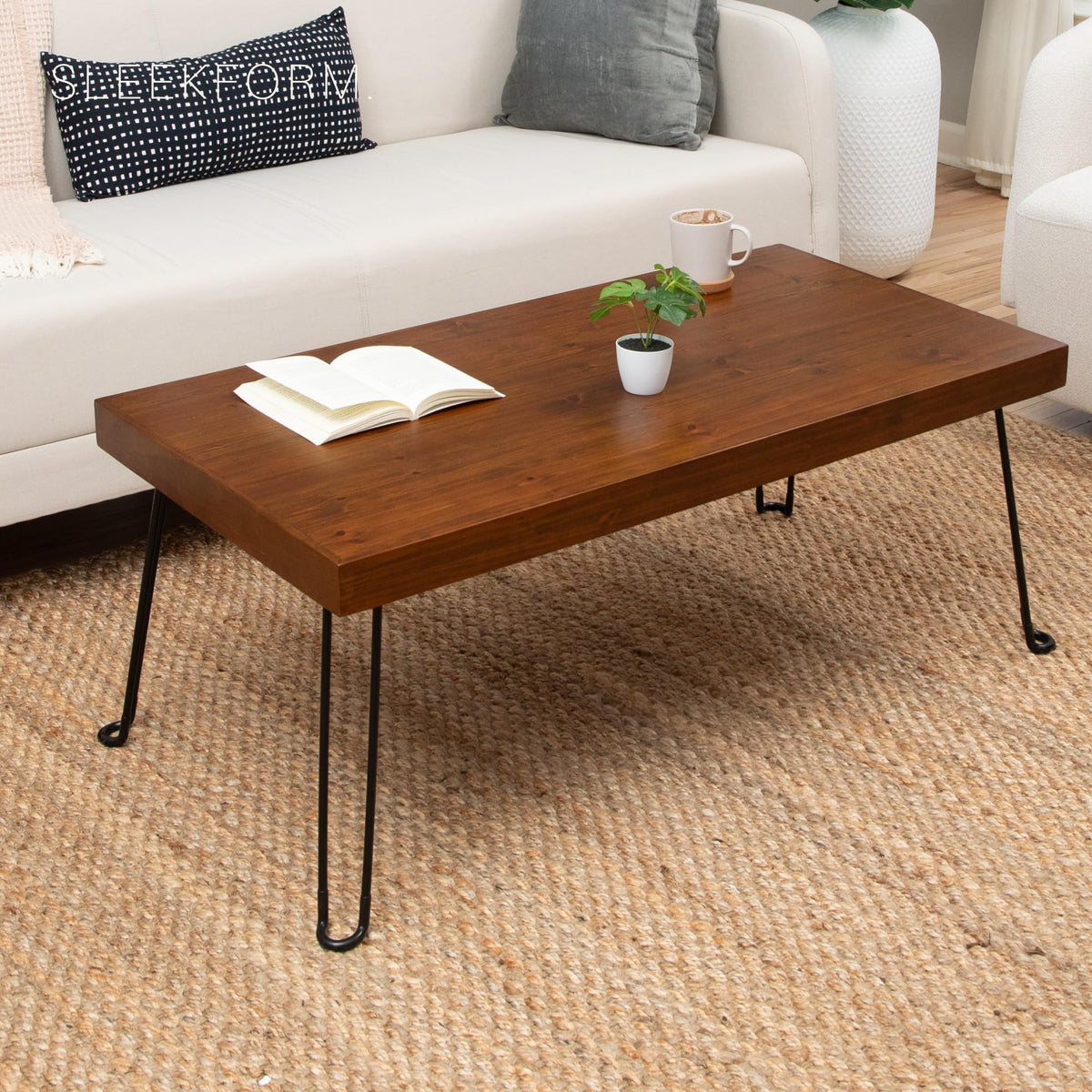 Sleekform Folding Wooden Coffee Table - Collapsible 20x40 Light Wood Mini Desk - Lightweight Foldable Coffee Table for Small Spaces - Fold Up Hairpin Legs - Walnut Wood Finish