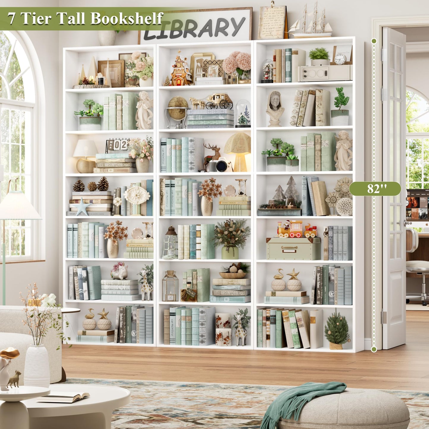 FACBOTALL 82" Tall Bookshelf, 7-Tier Open Shelves Bookcase, Freestanding Display Storage Shelves, Tall Bookcase Home Decor Furniture for Home Office, Living Room, Bedroom, White