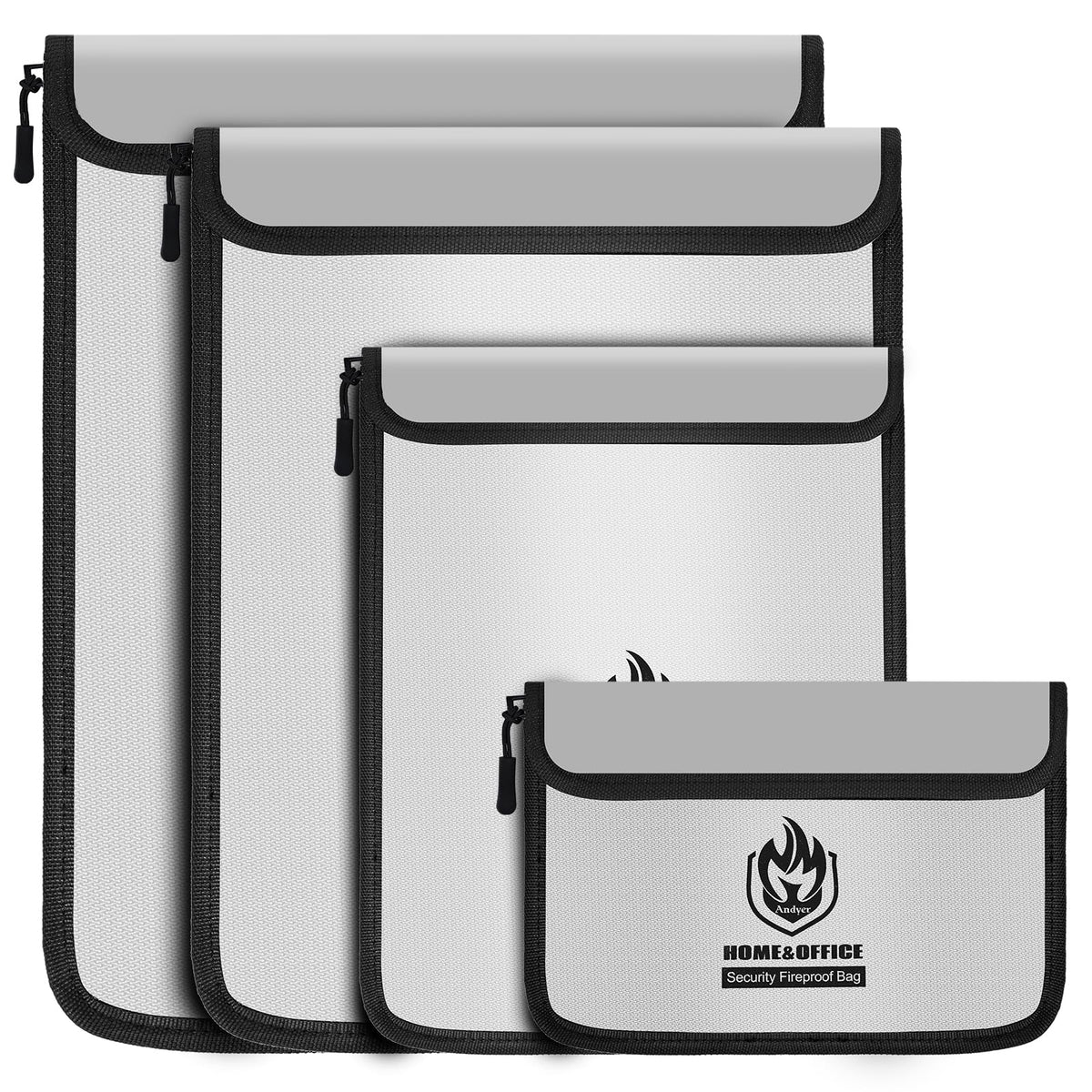 Andyer 4 Pack Fireproof Document Bags, Waterproof Document Pouch Holder with Zipper, Fire Proof Money Bag for Cash, Fireproof Envelope Fire Safe Bag, Fire Resistant Storage for Legal/A4 Size (Gray)