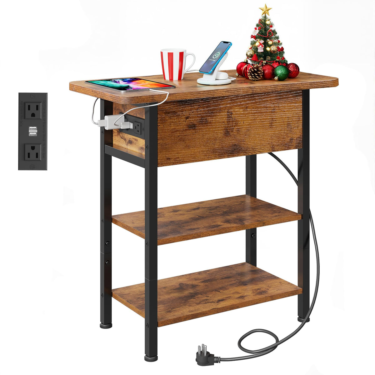 WLIVE End Table with Charging Station, Flip Top Narrow Side Table with Storage Shelf, Small Nightstand with USB Ports and Outlets,Bedside Table for Living Room, Bedroom,11.81" D x 23.62" W x 24.33" H