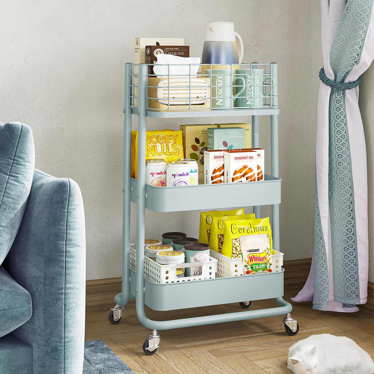 KINGRACK 3 Tier Rolling Cart, Metal Mobile Storage Shelf with Lockable Wheels, Prevent Falling Utility Trolley Cart, Storage Organizer for Kitchen, Office, Bathroom, Dorm, Green
