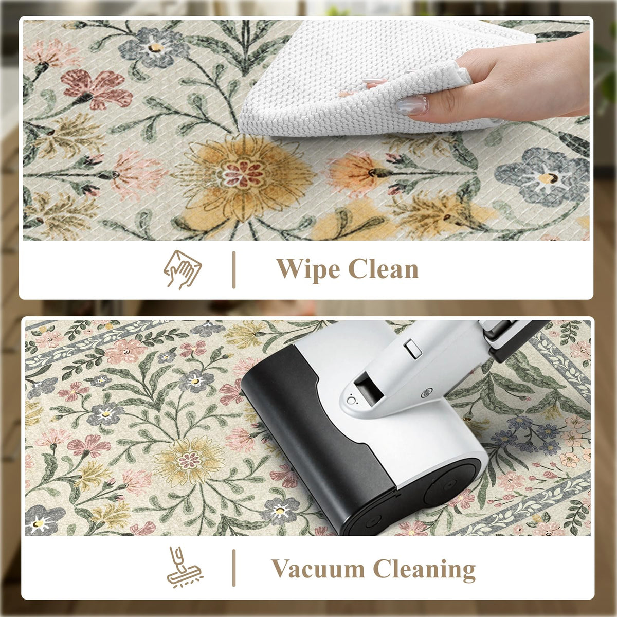 Collive Anti Fatigue Mat for Kitchen Floor, Spring Floral Kitchen Mats for Floor Set of 2, Beige Cushioned Waterproof Sink Rugs Non Slip Comfort Standing Rug for Office, Laundry, Desk