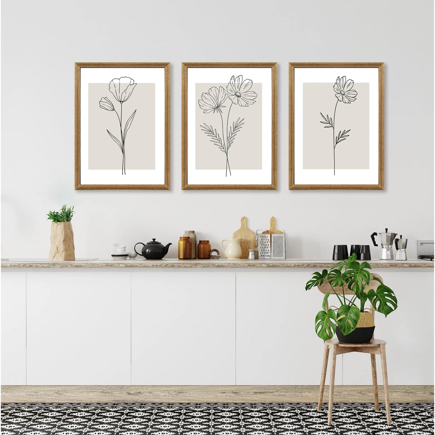 ICHZUMW Neutral Botanical Floral Wall Art, Black and White Farmhouse Flowers Wall Decor, Modern Minimalist Line Art Canvas Prints, Beige Artwork, Living Room Bedroom Home Office, Set of 3, 12x16in