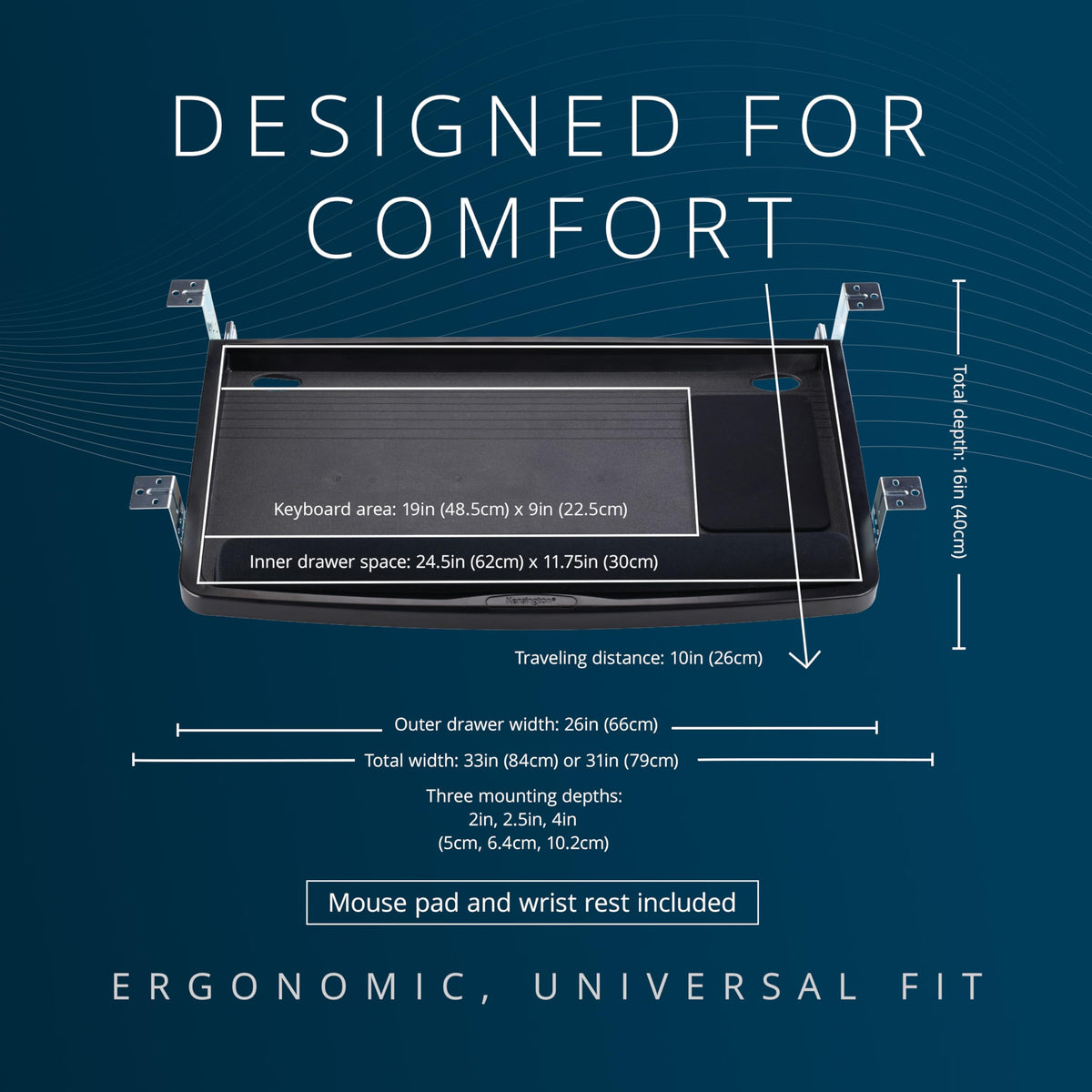 Kensington Keyboard Tray Under Desk, SmartFit Ergonomic Slide-Out Keyboard Drawer with Cable Management, Extra-Wide Height Adjustable Keyboard Holder, 24.5" x 11.75", Black K60004US