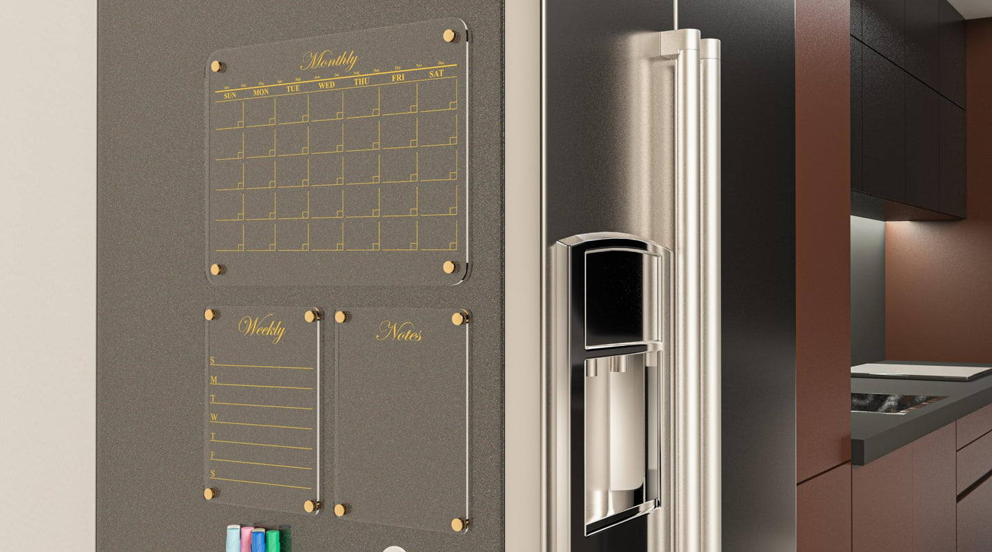 Luxury Acrylic Magnetic Calendar for Refrigerator | Acrylic Calendar for Fridge 12"x16" | 3 Fridge Calendars with Gold Magnets (Monthly, Weekly, and General Notes) | Acrylic Calendar for Wall