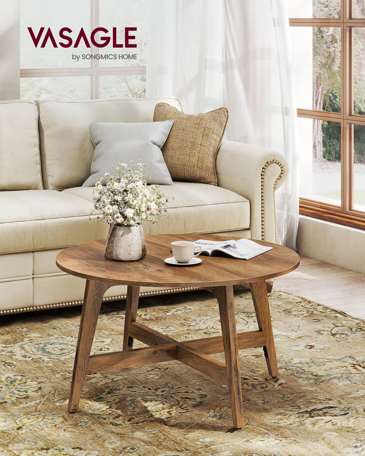 VASAGLE MAEZO Collection - Round Coffee Table, 31.5-Inch Center Table, Tapered Legs, Curved Transitions, Easy to Assemble, for Living Room, Honey Brown ULCT251KB01S