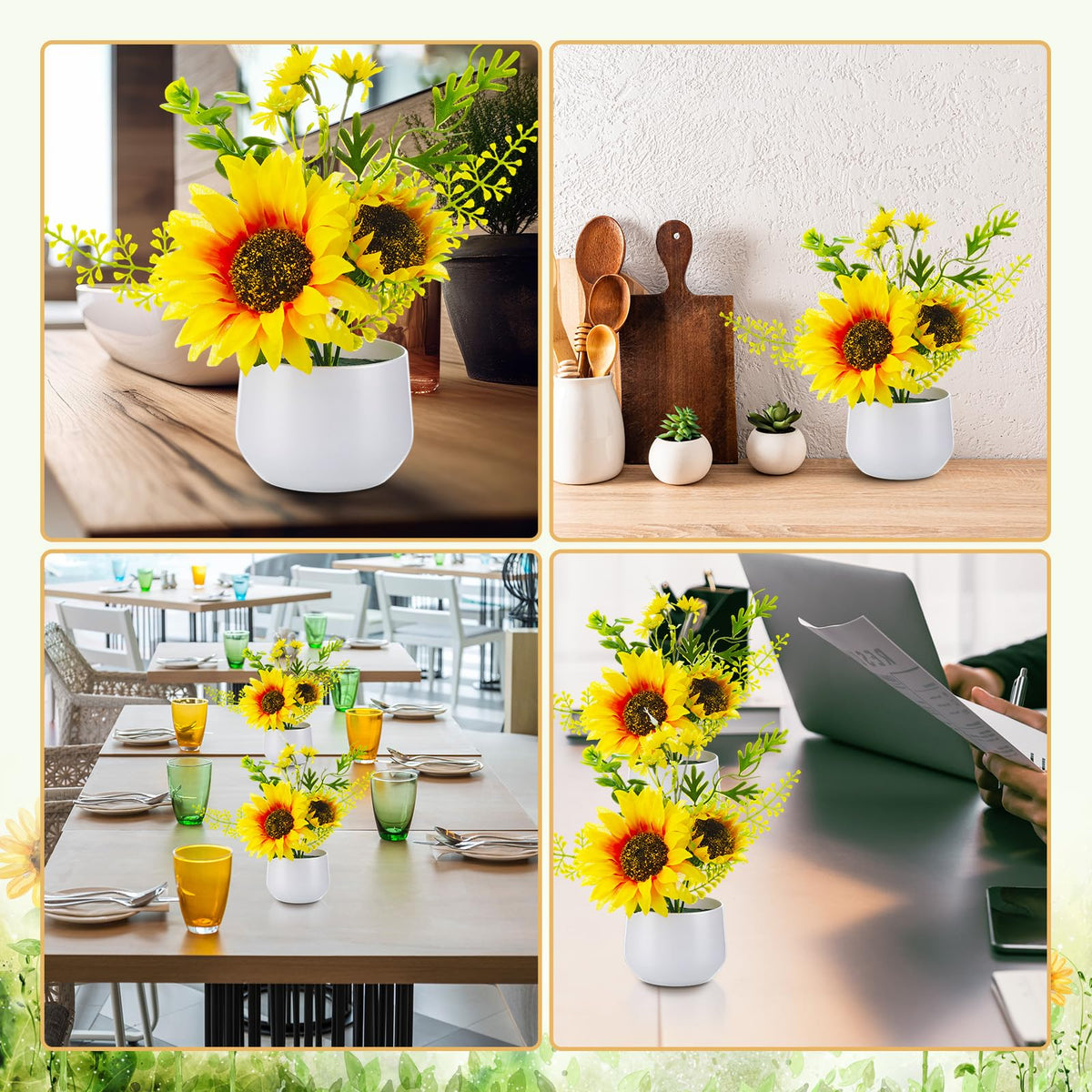 Zeyune 4 Pcs Sunflower Potted Plants Rustic Summer Spring Kitchen Wedding Table Centerpieces Silk Yellow Fake Flower with Plastic Pot for Home Bathroom Office (Classic,Sunflower)
