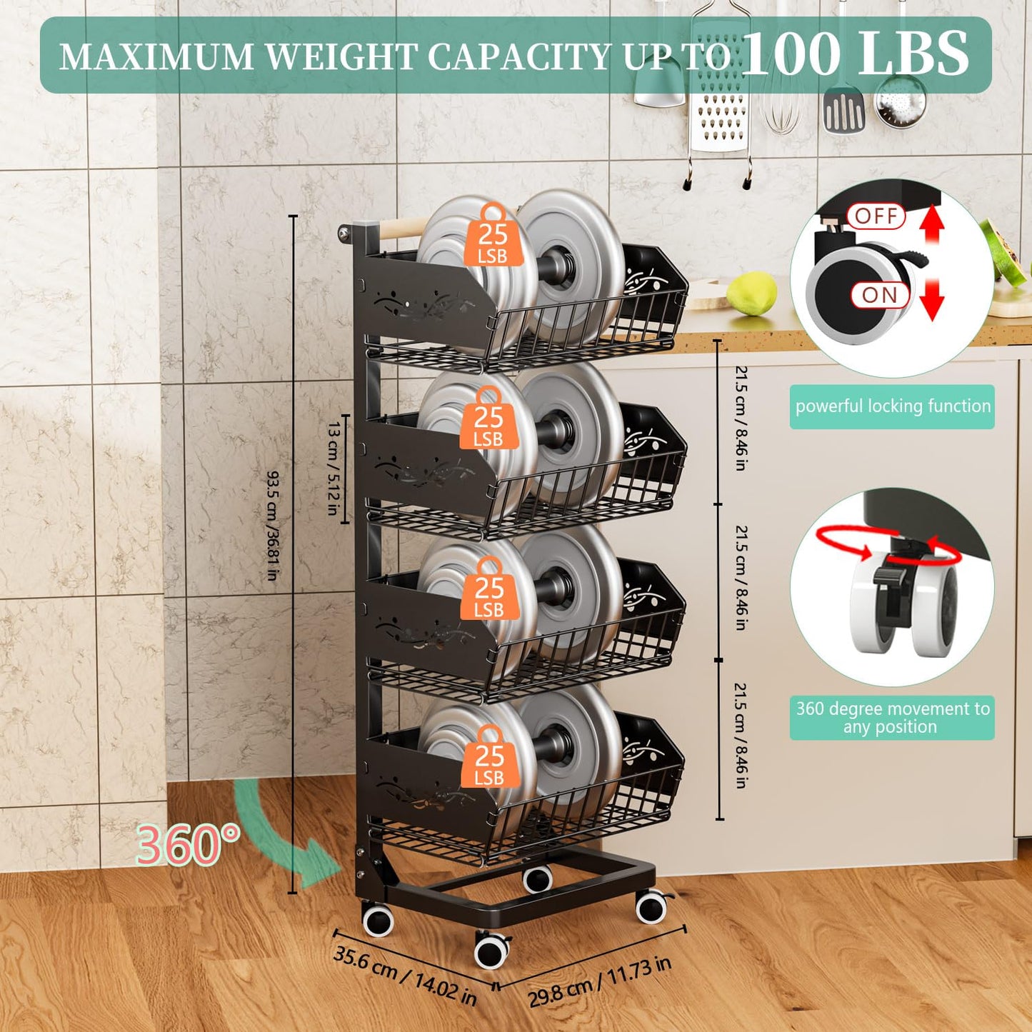 ANJUBAN Heavy 4-Tier Snack Cart with Wheels ，Removable Rolling Pantry Floor Organizers ，Upgraded Wider and Thicker, Kitchen Fruit Basket Stand and Storage Rack for Fruit Snack Onion Potato