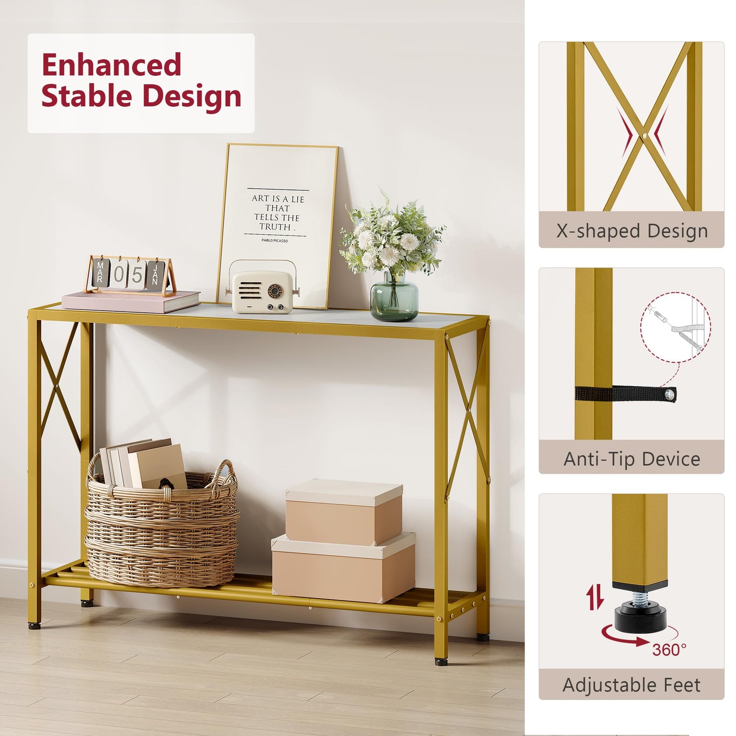 Tajsoon Entryway Table 41.8”, 2-Tier Entry Way Console Entrance Table, Narrow Sofa Table with Shelves, Ideal for Hallway, Entryway, Living Room, Foyer, Corridor, and Office (Gold & White)