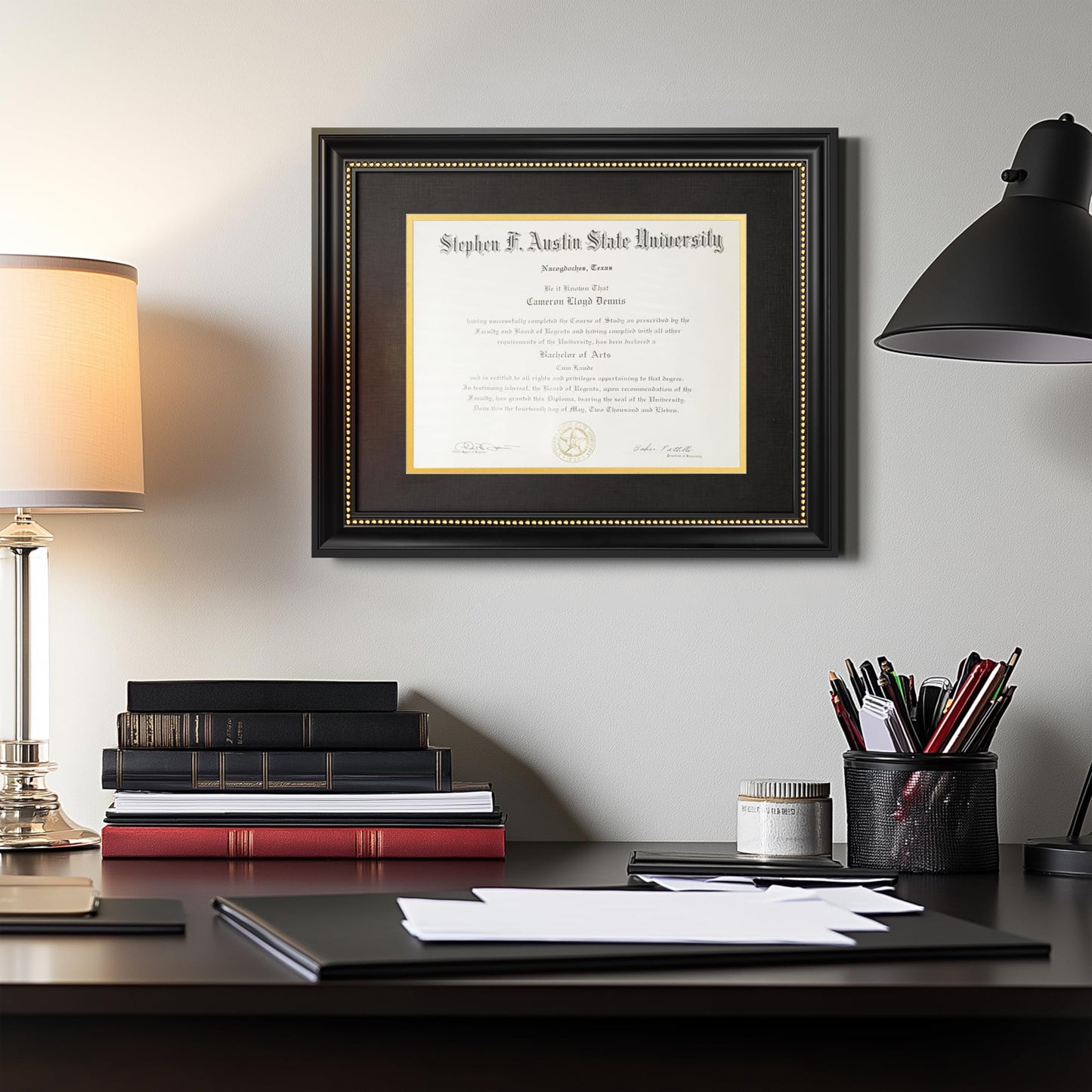 Yaetm 11x14 Diploma Frame, Certificate Frame with Tempered Glass, Display 8.5x11 Document with Black Over Gold Acid-free Mat, Degree Frames for Wall and Tabletop, Black with Gold Beads, 1 Pack