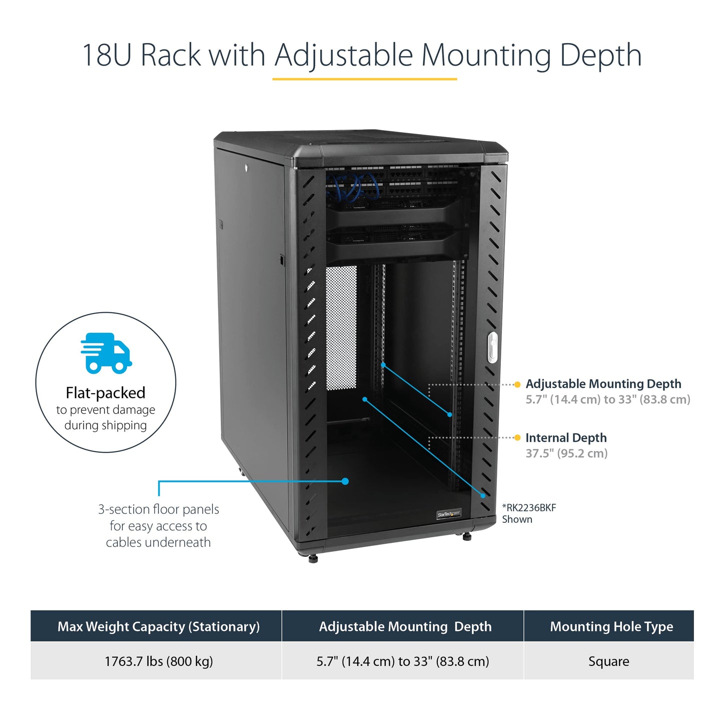 StarTech 18U Enterprise-Grade Server Rack Cabinet, 19in Enclosed 4-Post Rack with 33in (83cm) Mounting Depth and 1764lb (800kg) Weight Capacity