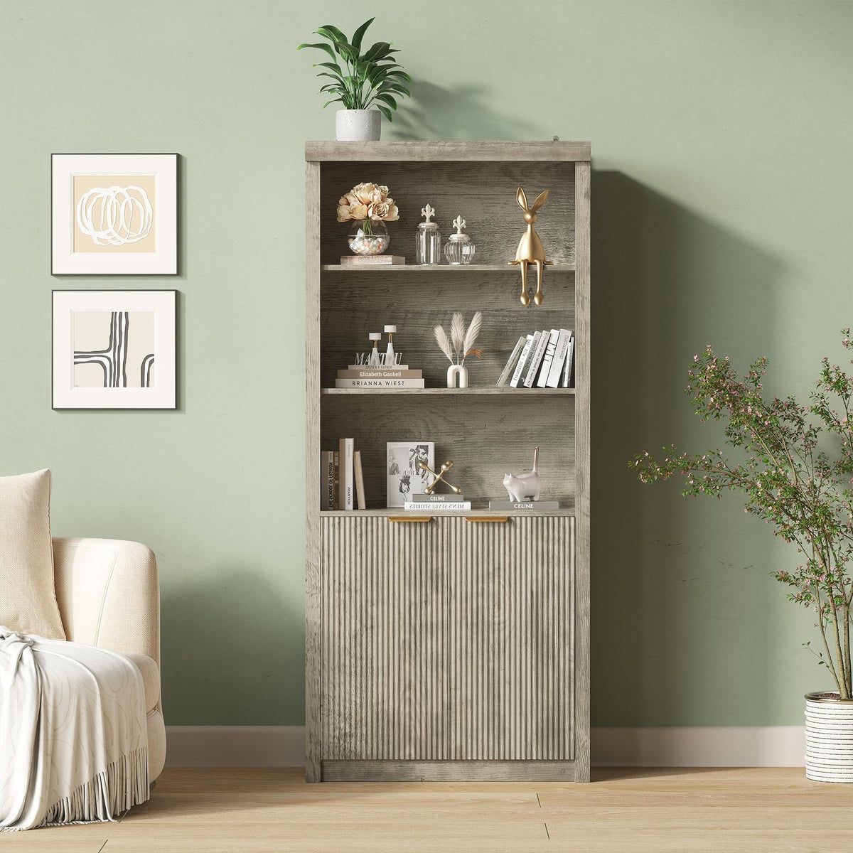 Modern Tall Book Shelf and Bookcase, 31.5"Wide Bookshelf with Doors, Farmhouse Book Case with Adjustable Top Shelf, Wood Storage Cabinet with 5 Tier Display Shelves for Home Office, Living Room,Grey