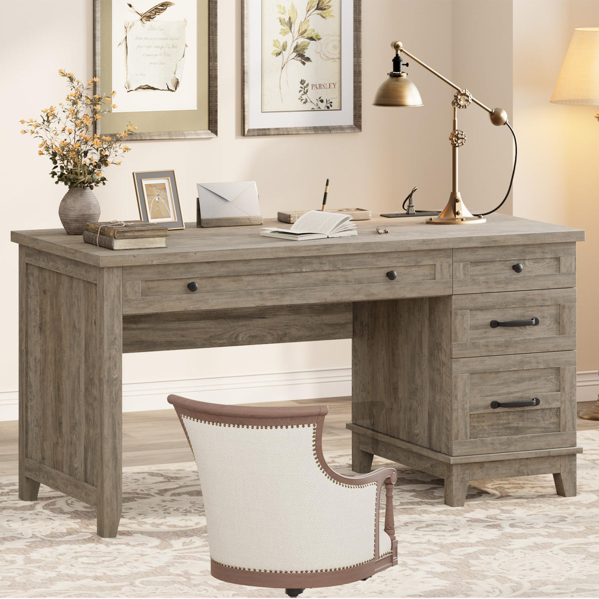 Garvee 53.5" Wooden Home Office Desk with File Drawers, Executive Desk with Power Outlet, Farmhouse Wood Desk with Storage, Distressed Study and Work Table, Rustic Grey