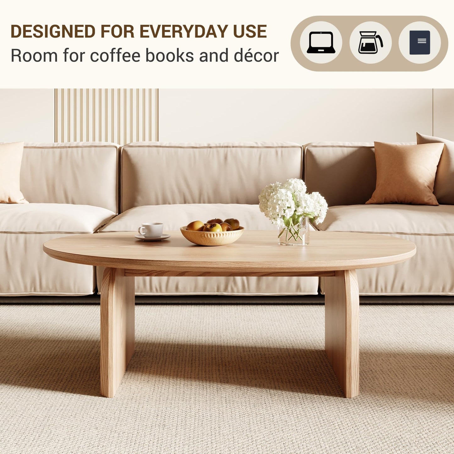Honyee Modern Oval Coffee Table, Small Coffee Tables for Living Room - Oak Wood Top with Solid Legs, Wooden Center Table Easy Assembly for Living Room &Bedroom,Office, Natural