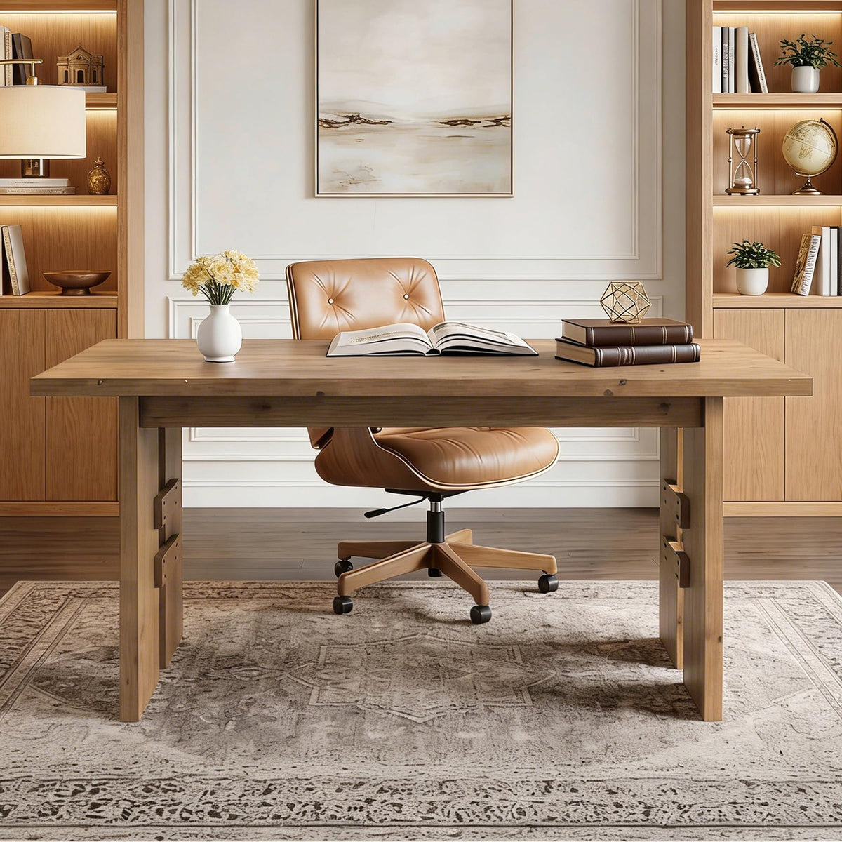 TRIBEWOOD 63-Inch Executive Desk, Solid Wood Office Computer Desk with Large Tabletop, Farmhouse Writing Conference Table Workstation for Home Office, Rustic Brown