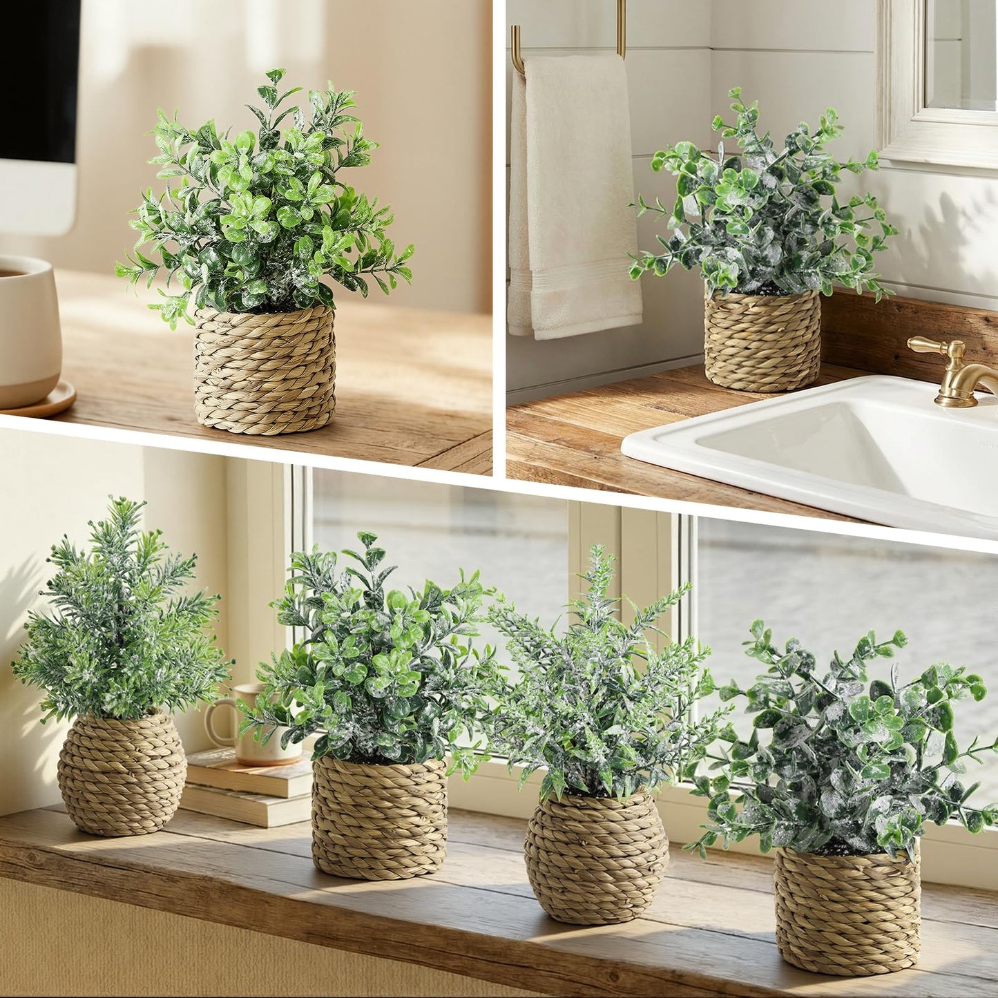 Small Fake Potted Plants: 7 Inches Artificial Plants with Seagrass Handwoven Planters, Indoor Farmhouse Spring Decorations, Eucalyptus Plant for Home Bathroom Office Shelf Tabletop Desk Room Decor