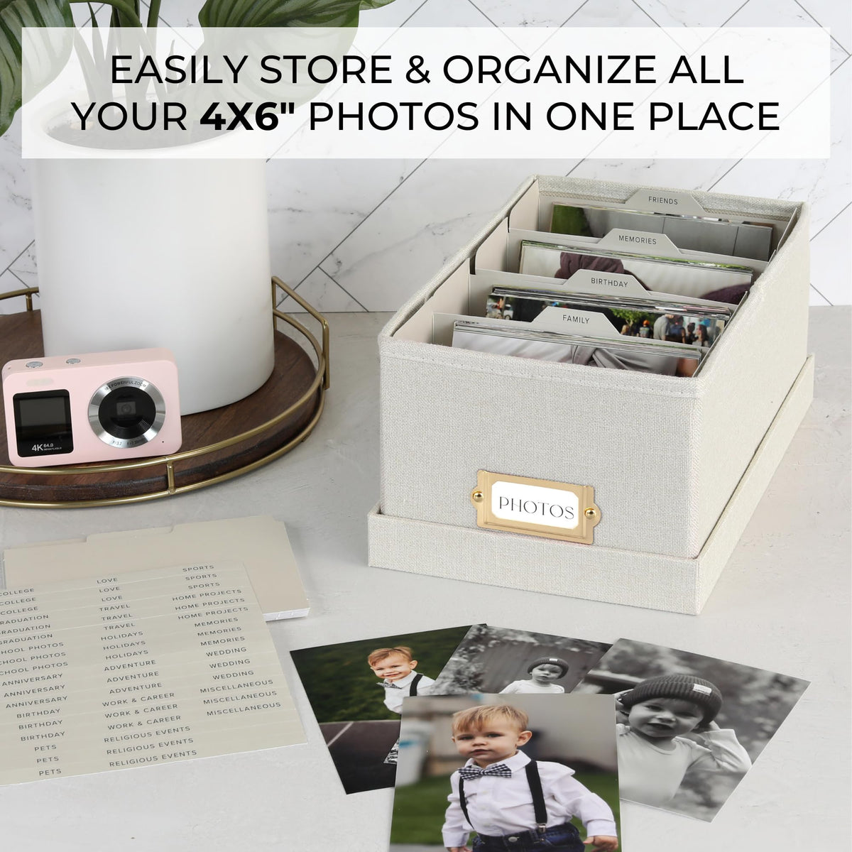 ZICOTO Decorative Photo Storage Box - Sturdy Linen Photo Organizer with Dividers is Perfect to Store Up to 850 Pictures and 4x6 Photos - Portable Scrapbook Storage Containers with Lid