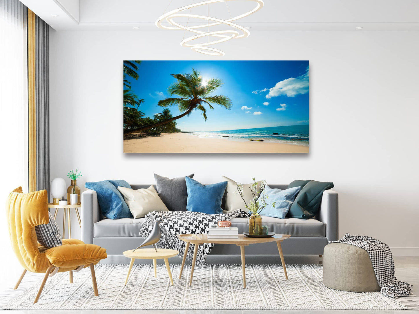 Muolunna X0675 Large Canvas Wall Art Summer Ocean Waves Prints Coconut Trees Beach Seascape Painting Hawaii Sea Nature Pictures Stretched and Framed for Living Room Home Office Wall Decor Artwork, 30x60inch x1pcs
