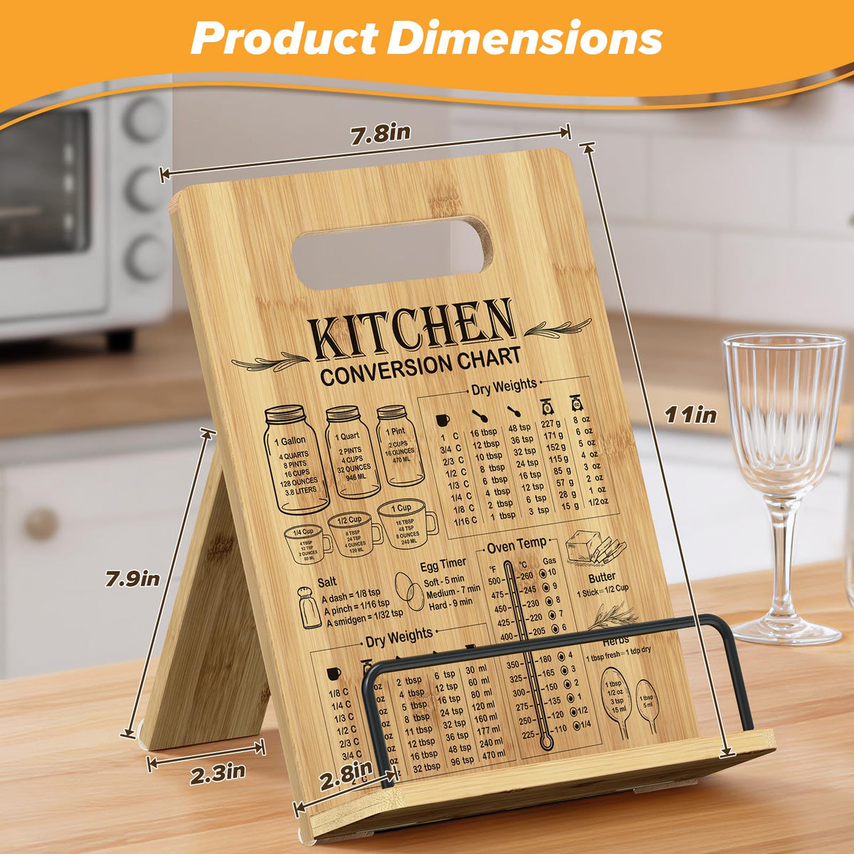 Zaldia Cookbook Stand-Wooden Recipe Book Holder, Adjustable Cooking Book Stand for Kitchen Counter, Recipe Card Holder Shelf with Measurement Conversion Chart, Nice Gift for Cooking Lover,Wood