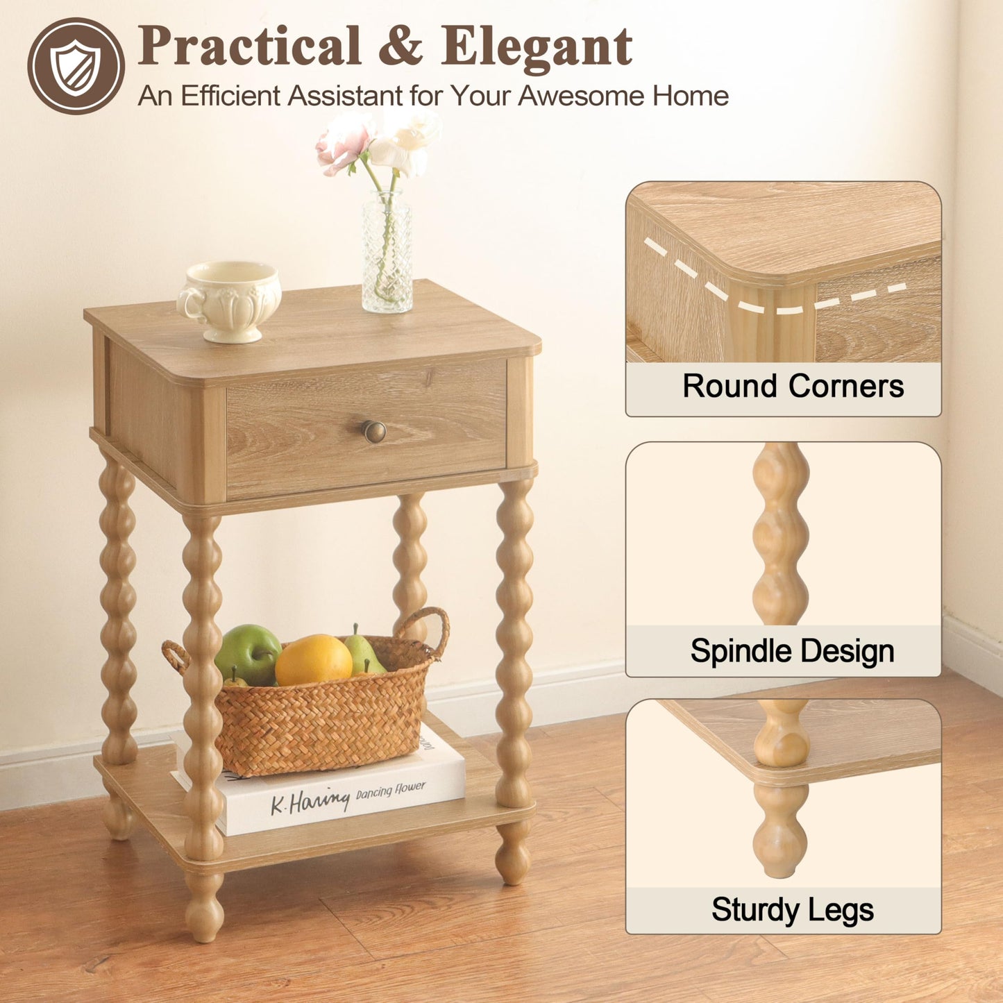 AWASEN Night Stand, Wood End Table with Drawer for Living Room, Small Bedside Side Table with Spindle Wood Legs for Bedroom, Office, Rustic Walnut