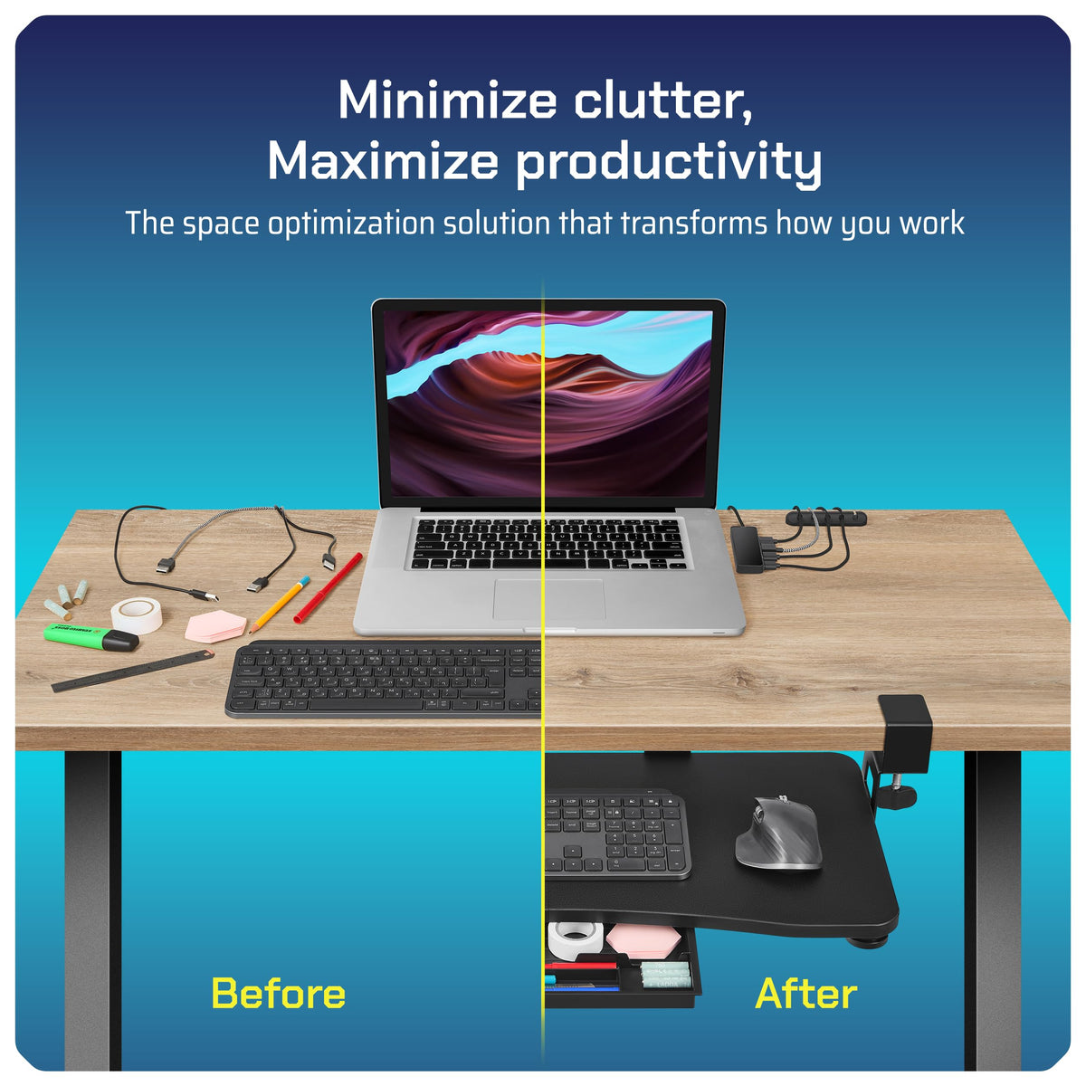 WORKNEST Keyboard Tray | Under Desk Keyboard Tray Slide Out w/Adjustable C-Clamps for Desks Up to 1.5-Inch-Thick | Clamp On Drawer with 1x USB-C to 4 USB-A Hub and 1x Five-Cable Management Organizer