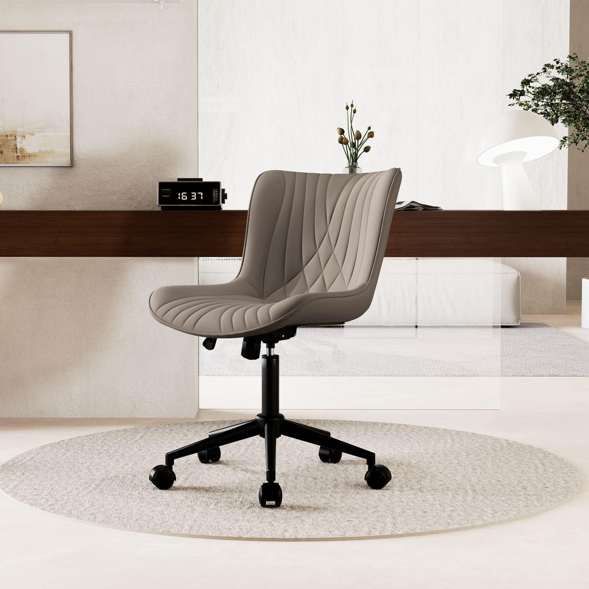 YOUNIKE Office Chair, Desk Chair with Wheels, Home Office Computer Task Chairs, Modern Faux Leather Padded Vanity Chair, Adjustable Swivel Armless Office Chairs with Back, Khaki