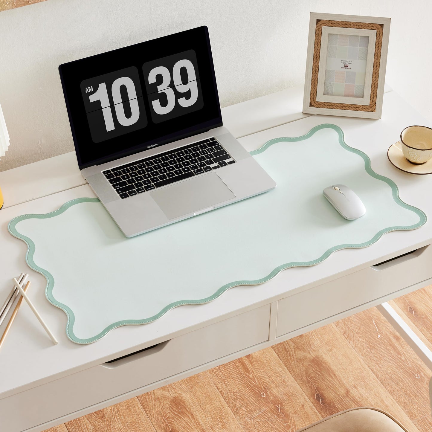 Ralxion Sage Green Scalloped Desk Mat, 31.5" x 15.7", PU Leather, Waterproof Anti-Slip, Cute Aesthetic Desk Pad for Office/Home/Game/Vanity Large