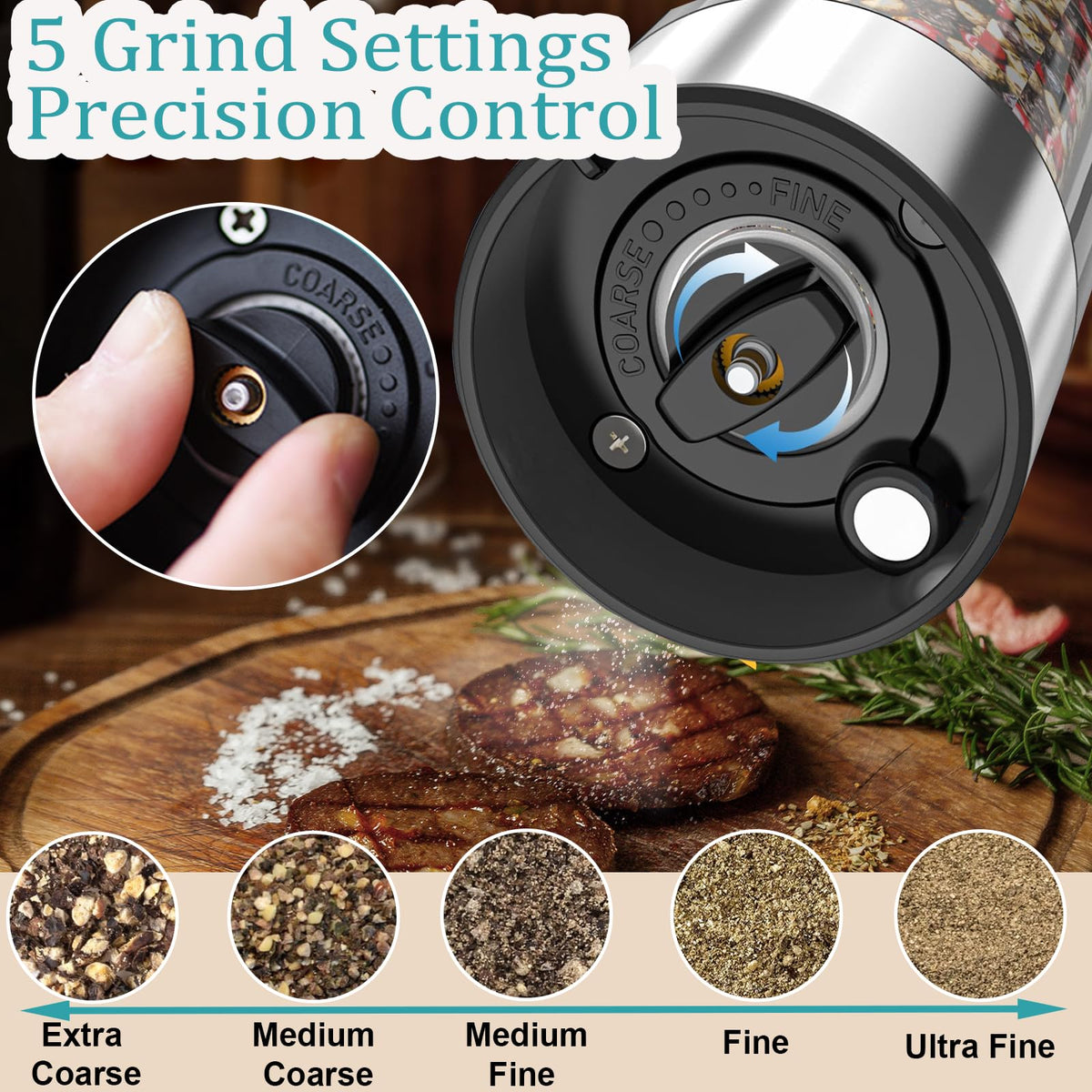 Electric Salt and Pepper Grinder Set, Automatic Salt Pepper Mill Grinder with Adjustable Coarseness, 95ml Large Capacity, LED Light & Easy Refill, Battery Operated Spice Grinders for Kitchen (Sliver)