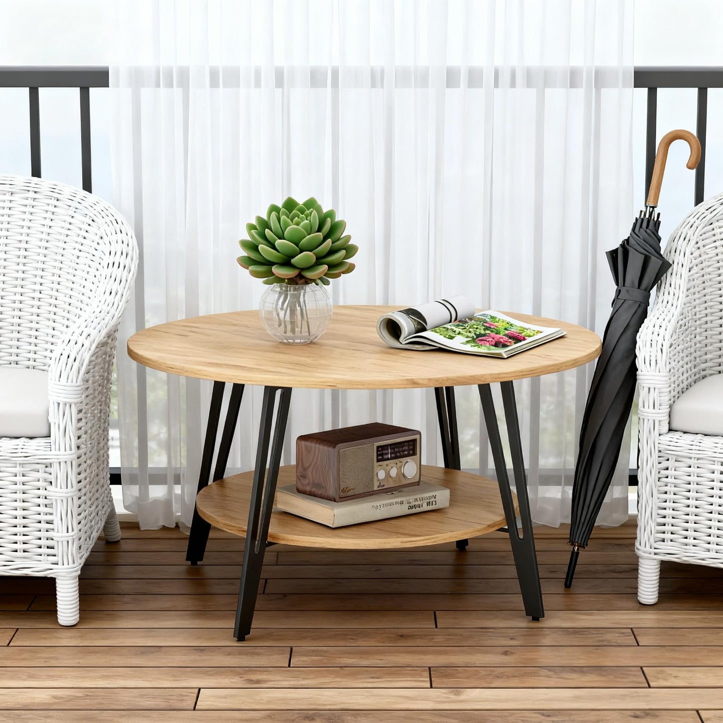Manora Round Coffee Table with Storage, Small Circle Center Table for Living Room, Modern Wood Coffee Table for Home Office & Small Spaces, Easy Assembly, Oak