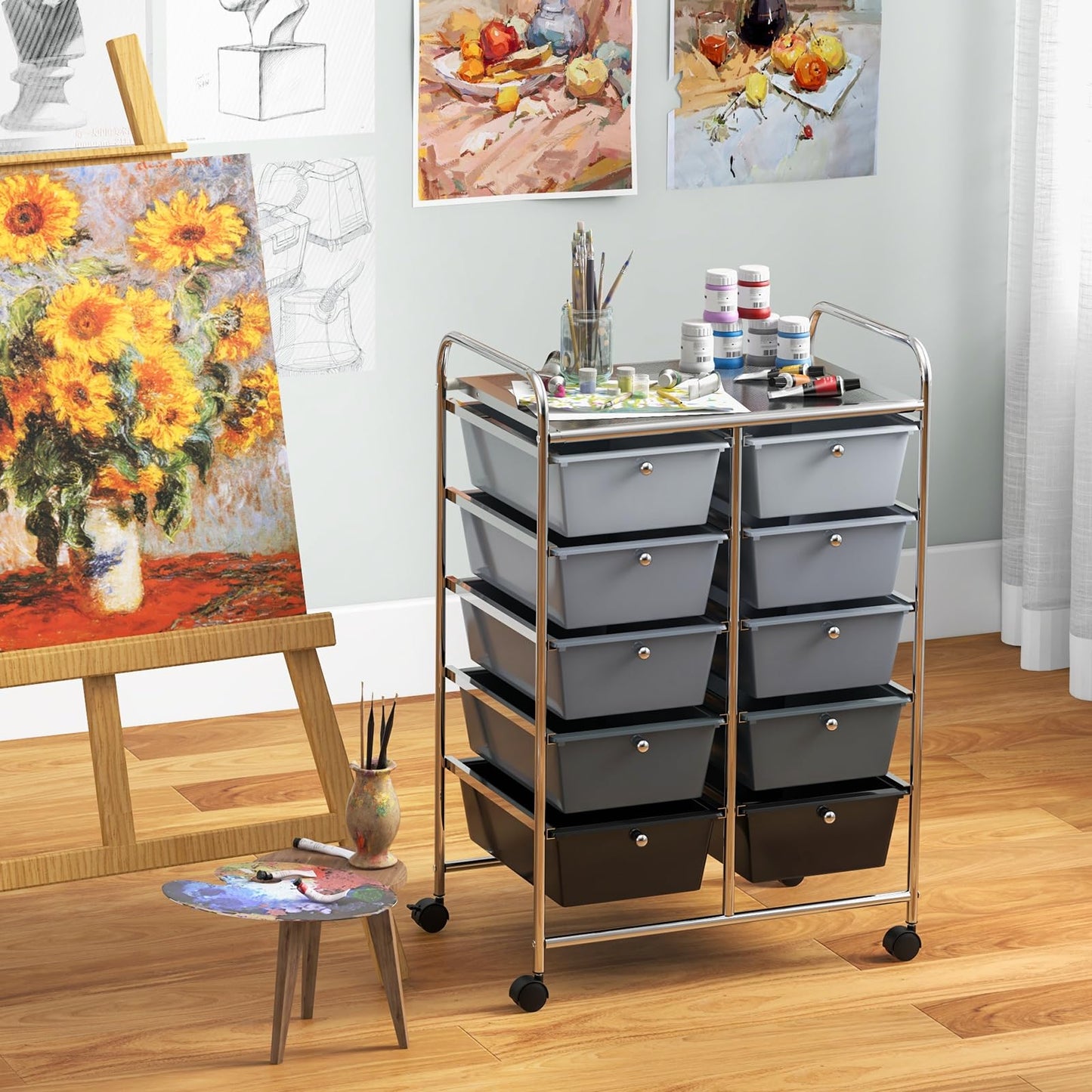 CLEEMAN 10-Drawer Rolling Cart with Drawers, Storage Cart with Universal Wheel & Metal Frame, Multipurpose Mobile Trolley Utility Cart for Makeup Kitchen Office Play Room (Gradient Black)