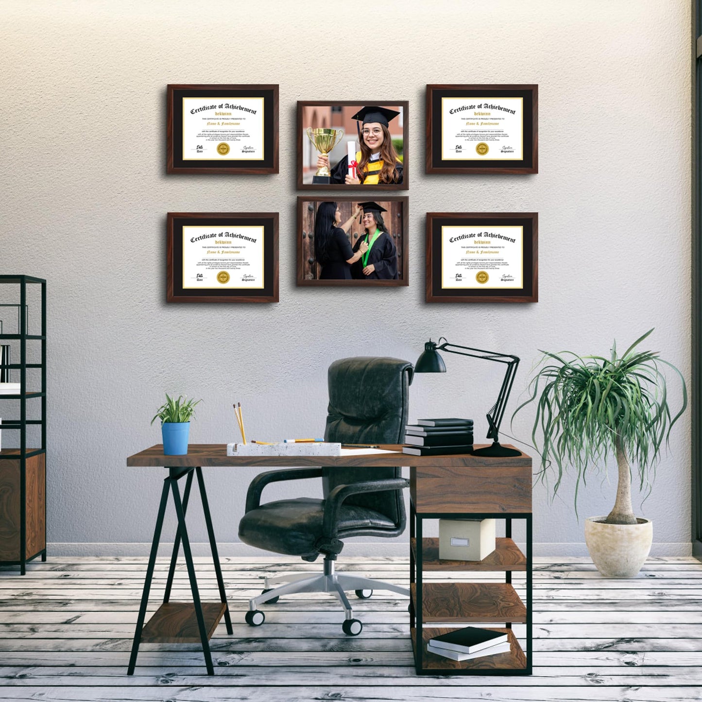 DEKWINN, Diploma Frames 8.5x11 with Mat or 11x14 without Mat,Set of 6 Certificate Document Frame with Real Glass for Wall and Tabletop Display in Walnut(Black/Gold Double Mat)