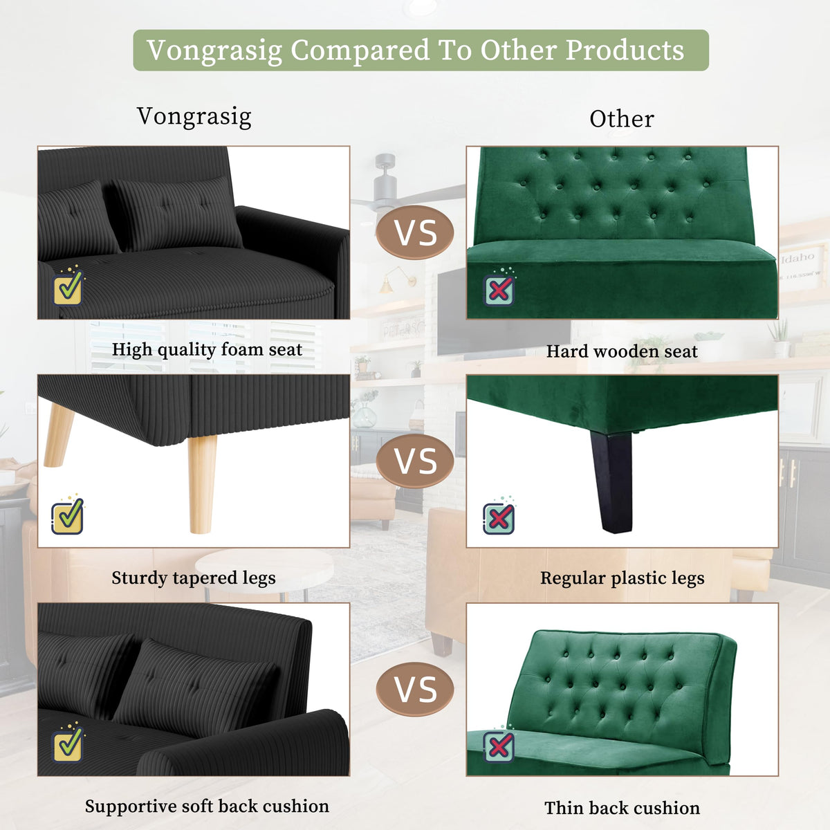 Vongrasig 48" Small Modern Loveseat Sofa, Mid Century Soft Corduroy Fabric 2-Seat Sofa Couch Tufted Love Seat with Back Cushions and Tapered Legs for Living Room, Bedroom and Small Space (Black)