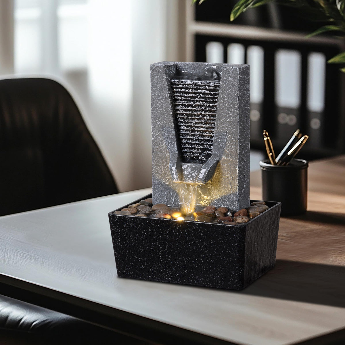 Zen Tabletop Indoor Water Fountain - Indoor Waterfall with LED Light, Relaxing Water Sounds for Office Desk Decor, Home Meditation & Stress Relief, Ideal Relaxation Gift for Women/Men