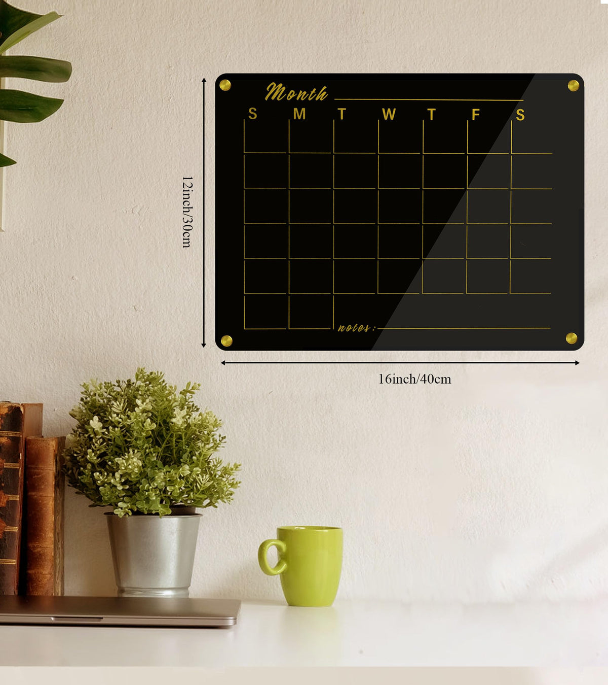 Marribol Black Acrylic Calendar Whiteboard for Wall,16’’x12’’,Dry Erase Calendar for Home,Office