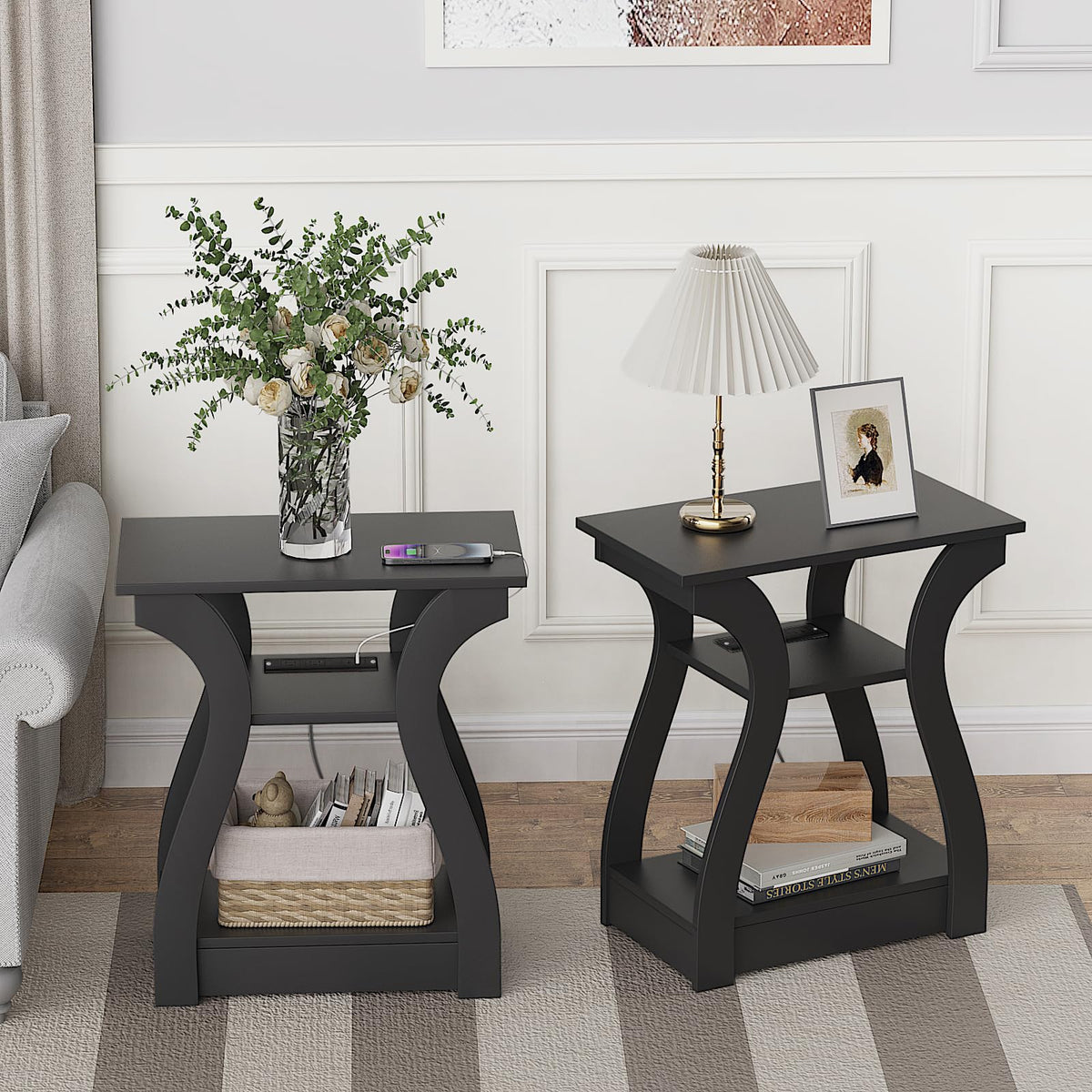 FROMJBEST End Table with Charging Station, Side Table with USB Ports and Outlets, Nightstand, 3 Tier End Table with Storage Shelf for Living Room, Bedroom (Black)