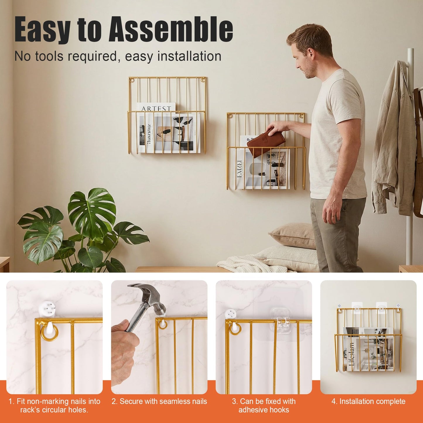 Pipigaty 2-Pack Wall Magazine Holder File Organizer Mental , Wall Mounted Magazine Rack for Space-Saving, Walls Magazine Holder for Mail, Bathroom & Home Office Organizer, Office Living Room(Gold)