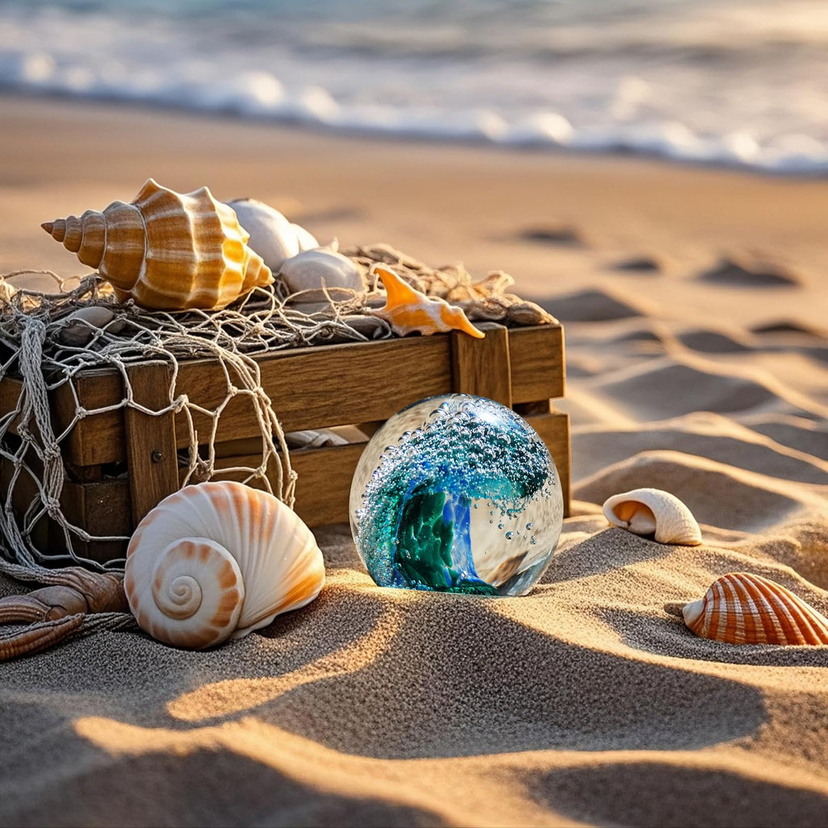JUYOULE Hand Blown Glass Figurines Ball: Ocean Wave Design Glass Paper Weights, Beach Decorations for Home - Unique Ocean Themed Bathroom Decor and Gift for Ocean Lovers