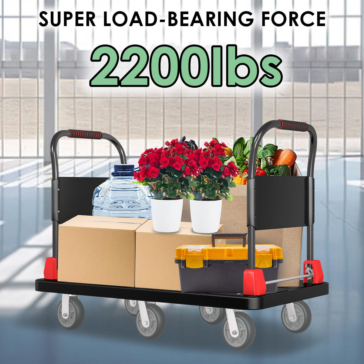 Platform Truck with 2 Handrails and 6 of 6" Wheels 2200lbs Capacity Heavy-Duty Foldable Push Cart Dolly 50" Lx27 W Large Flatbed Hand Cart Moving Dolly Cart for Groceries,Garage,Warehouse