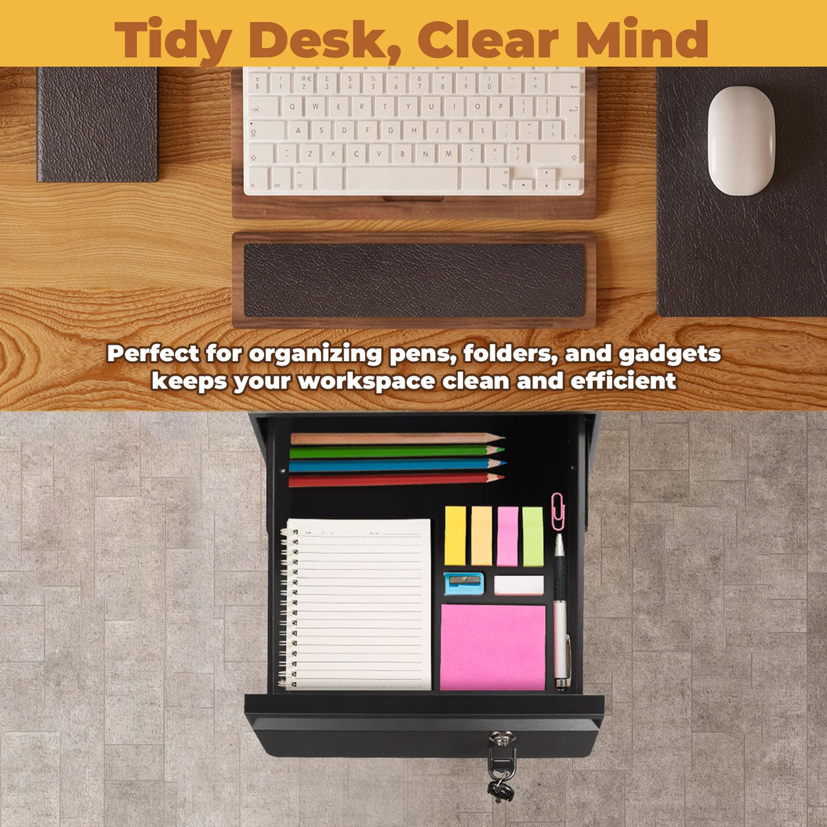 POPMOON 14 in Deep Under Desk Drawer,Pull Out Storage Organizer with Lock and Keys,Adjustable Height, Metal Storage Drawer with Slide Extension Mounted Under Flat Wooden Table or Workbench