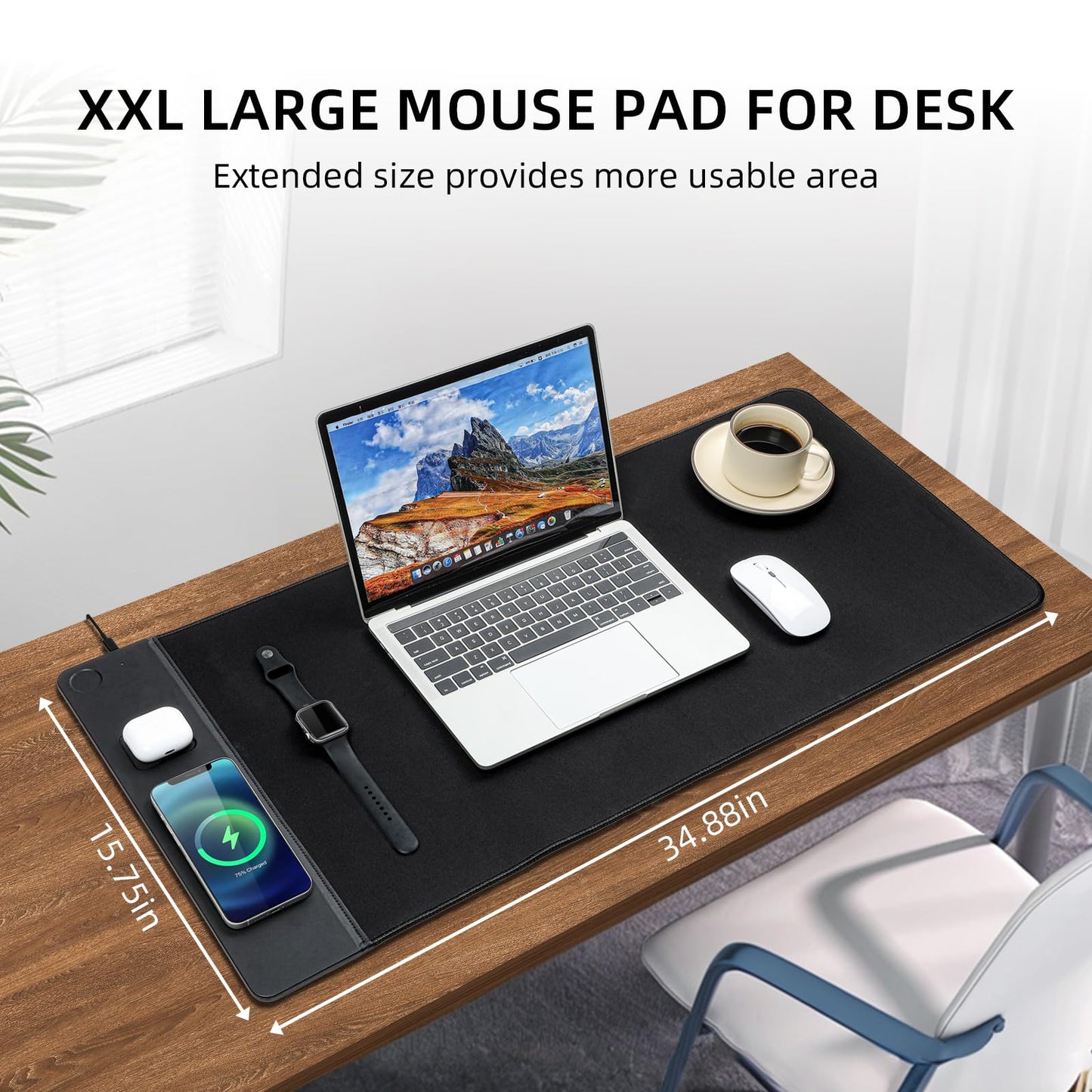 VOVIPO 3 in 1 Wireless Charging Mouse Pad, Gaming Mousepad with Wireless Charger Multiple Devices Compitable with Watch/iPhone/Airpods, Large Desk Mat 90 x 40cm,Desk Pad for MacBook, PC, Laptop-Black