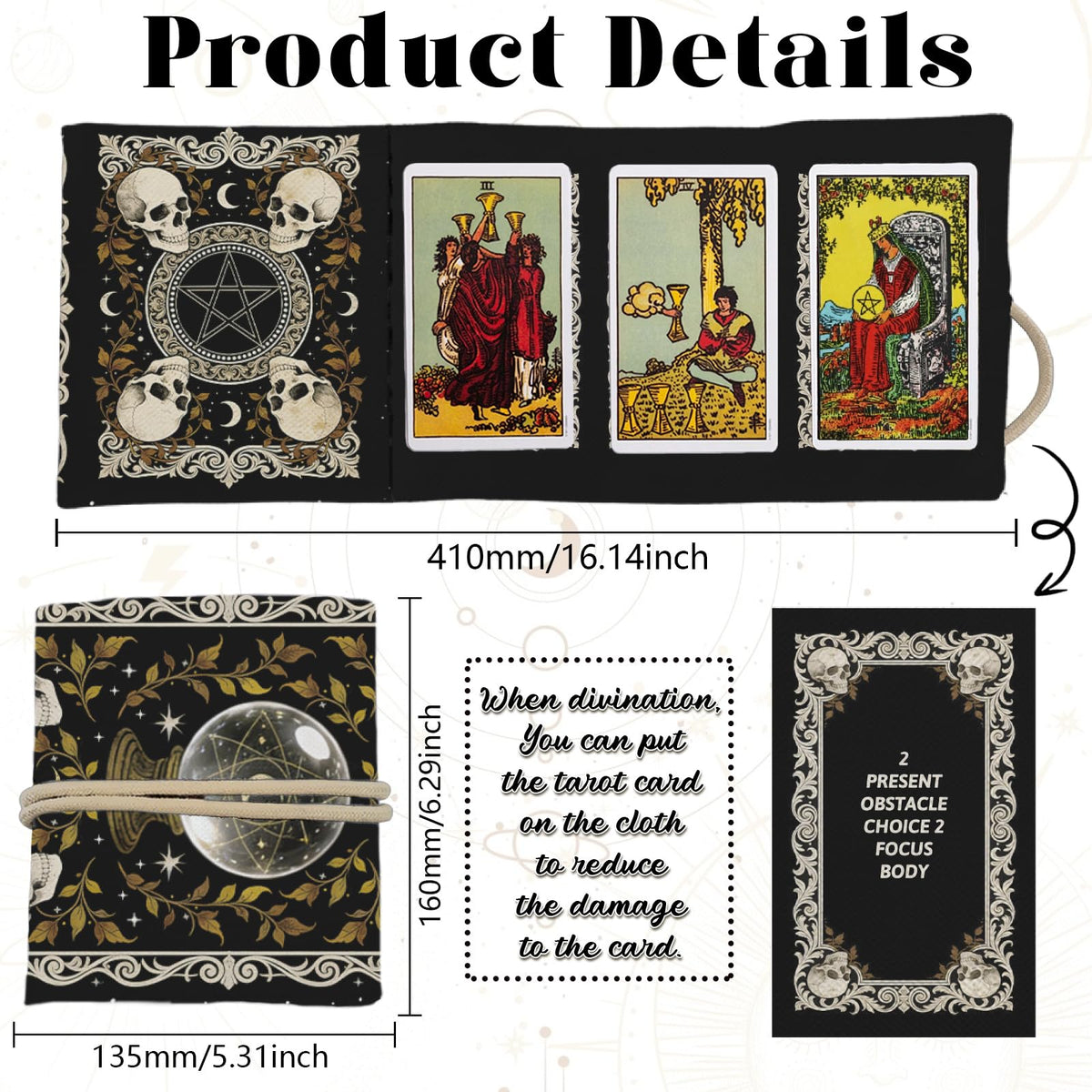 GLOBLELAND 2 Pcs Magic Divination Crystal Ball Tarot Card Holder Skull Polyester Tarot Bag Magic Divination Canvas Jewelry Storage Drawstring Pouches Accessories for Playing Cards and Tarots
