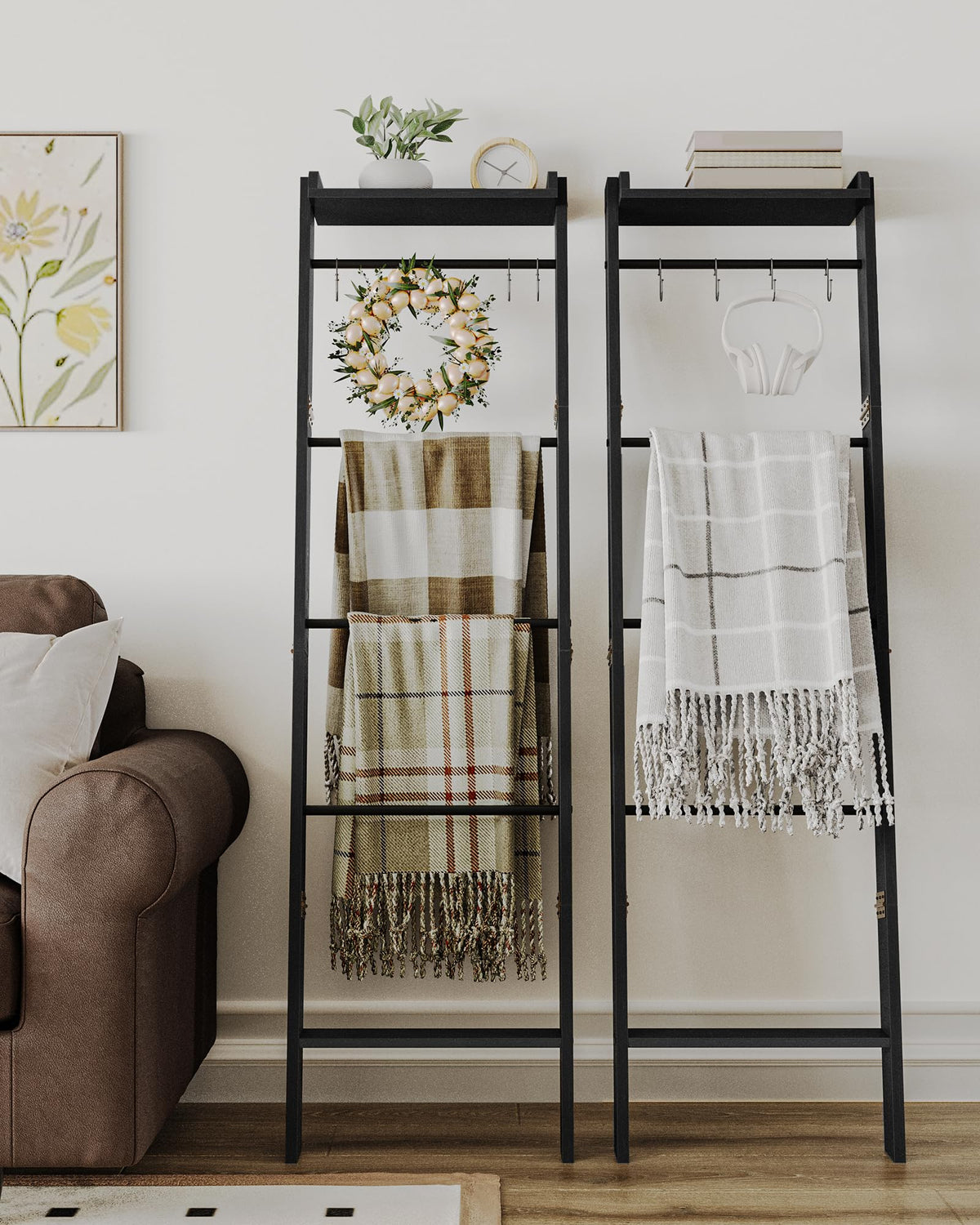 Hzuaneri Blanket Ladder Shelf, Decorative Quilt Rack, 6-Tier Farmhouse Ladder Holder Organizer with 4 Removable Hooks 7.9" D x 17.3" W x 63.4" H, Black BR35804B