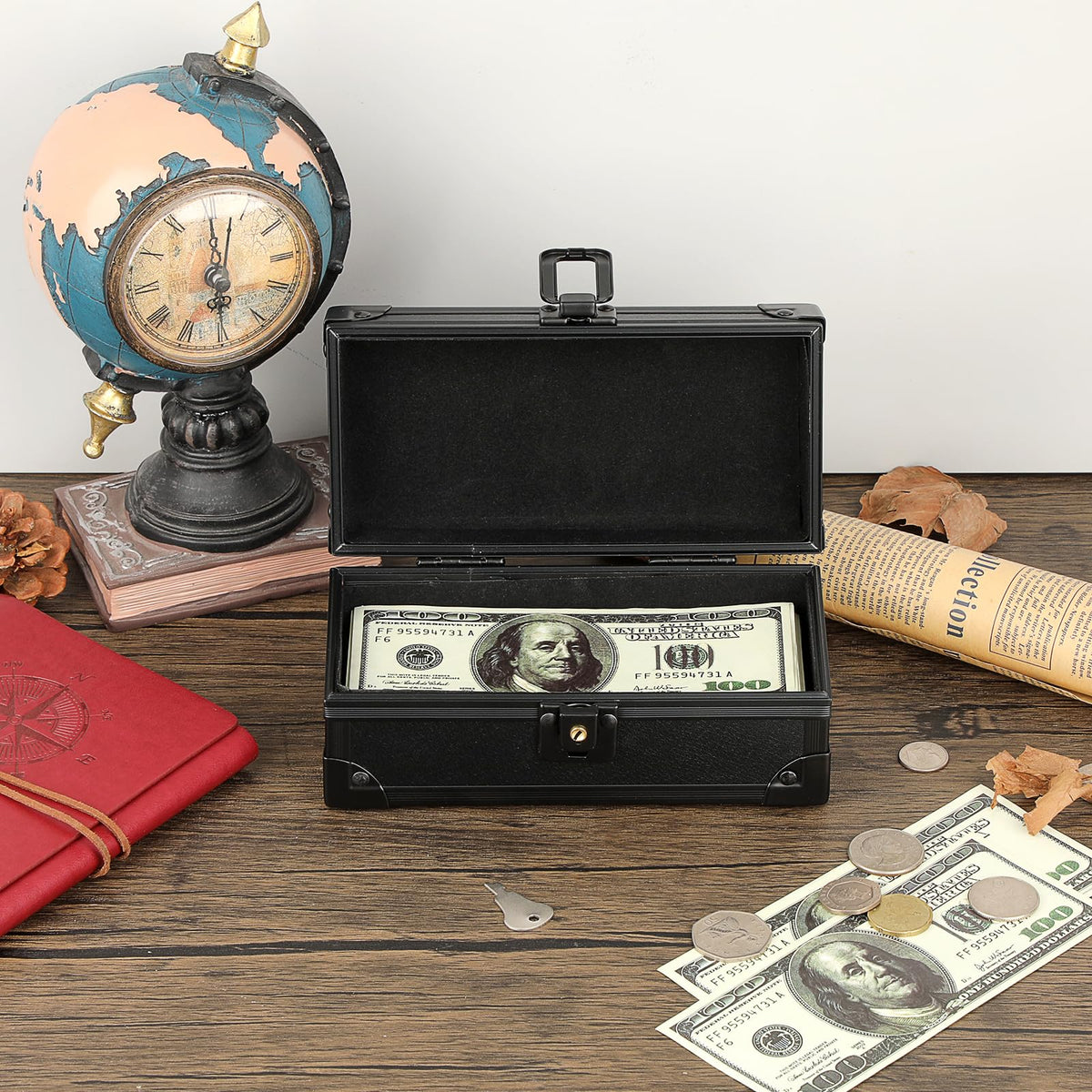 Hipiwe Black Lockable Cash Box Money Storage Case with Lock Aluminium Alloy Money Organizer Currency Tray Piggy Bank for Collector