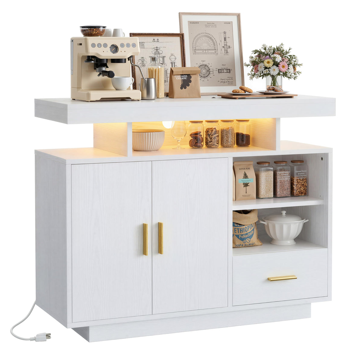 IRONCK Buffet Cabinet, Sideboard Cabinet with Power Outlet and LED Light, Modern Storage Cabinet with Drawer, Coffee Bar Cabinet with Doors and Shelves for Kitchen, White