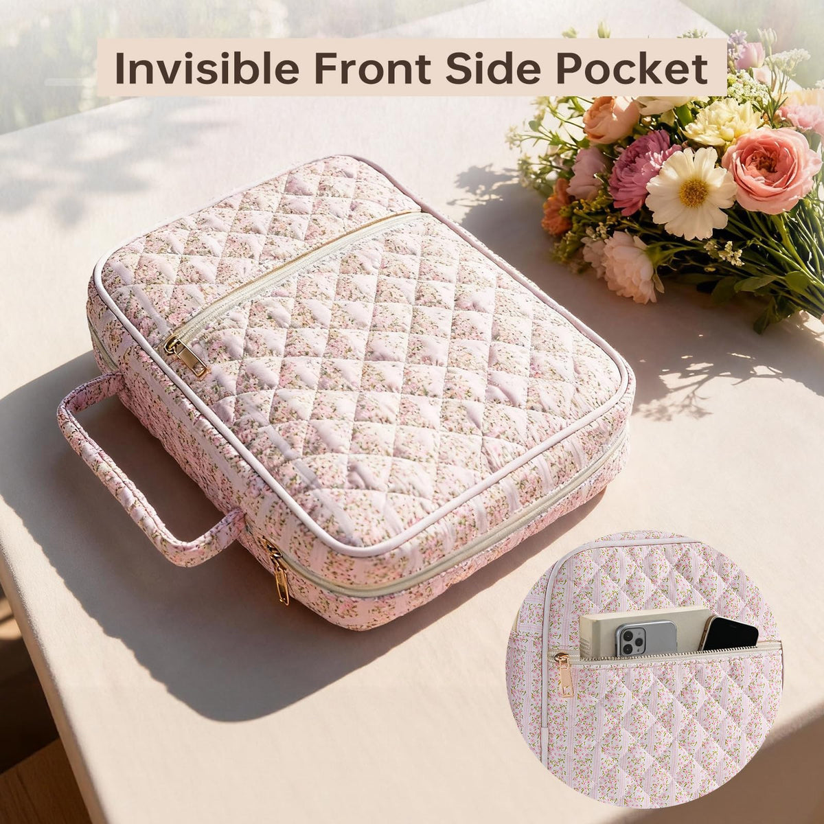 PPeen Bible Cover Case for Women Large Bible Cover Bag Quilted Bible Carrying Case for Girls Bible Study Supplies Accessories Christian Gifts for Women (Pink Floral, Large)