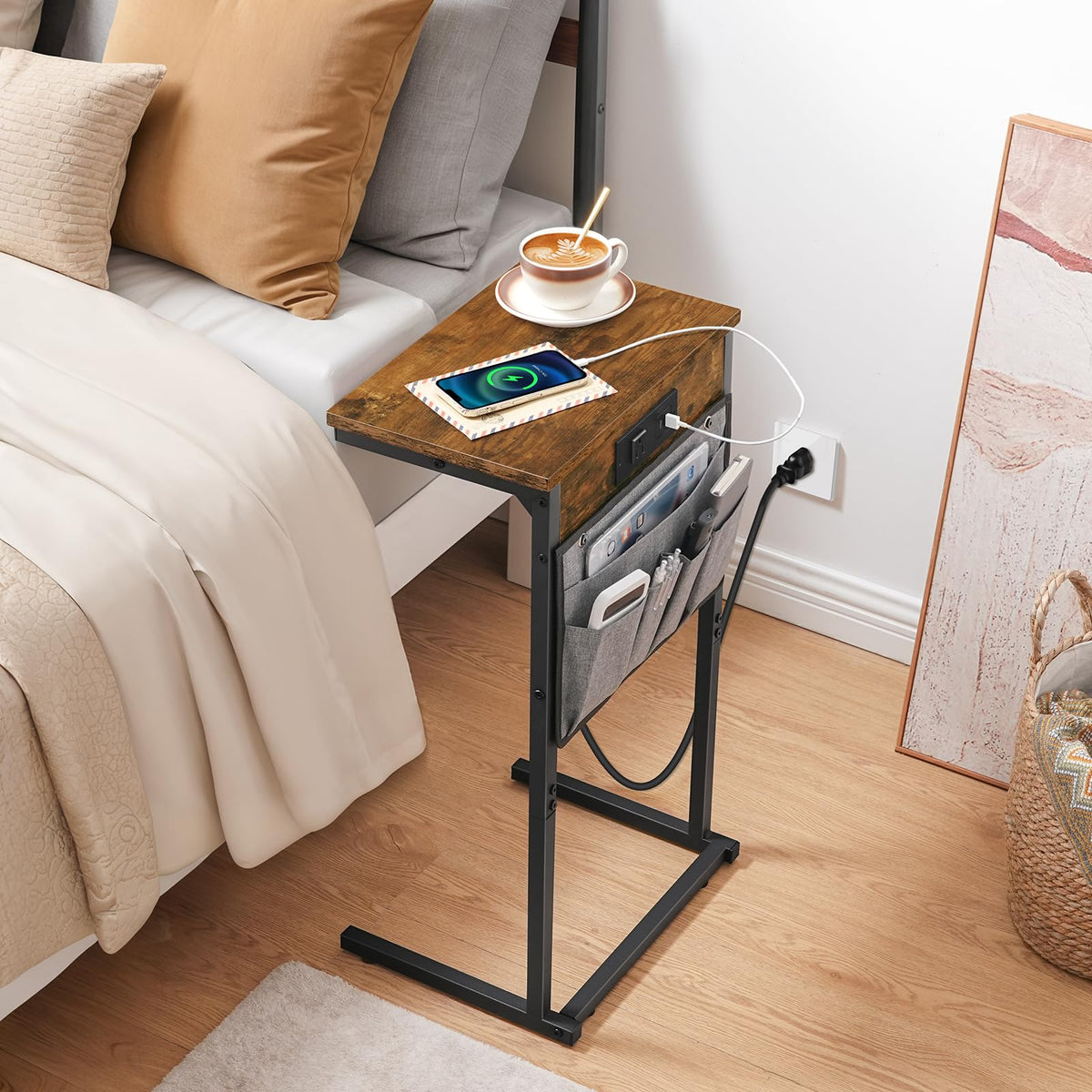 HOOBRO C Shaped End Table with Charging Station, 28" H Couch Side Table Slide Under, Sofa Arm Tray Table with Storage Bag for Living Room, Recliner, Rustic Brown BF70USF01