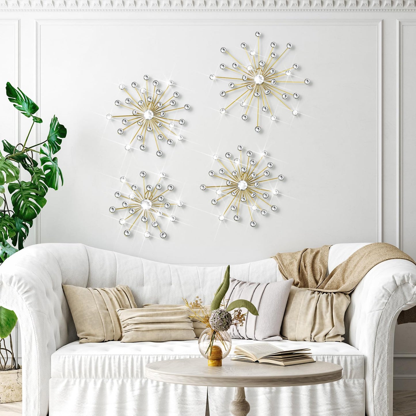 Funnymoom 4 Pcs Gold Starburst Wall Decor Metal Bling Wall Art Gold Crystal Sparkling Rhinestones Bling Decorative Hanging Diamond for Living Room Bedroom Home Office