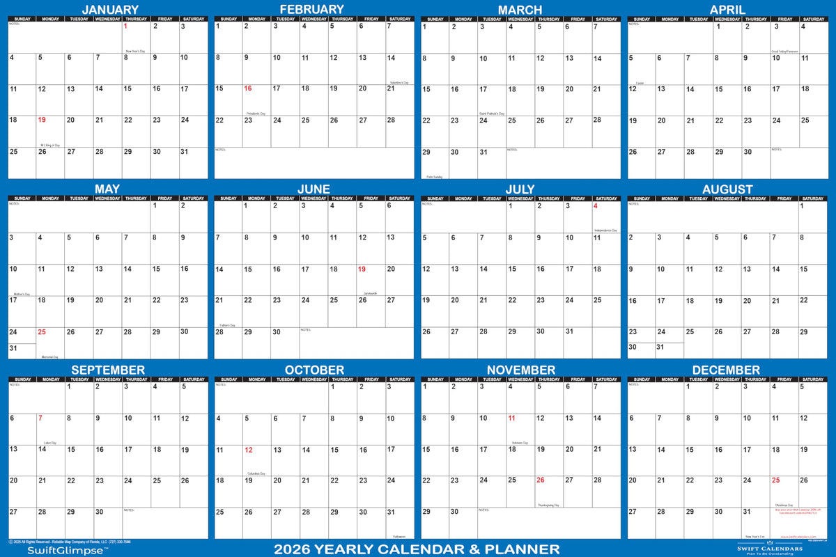 18" x 24" SwiftGlimpse 2026 Wall Calendar Erasable Large Wet & Dry Erase Laminated 12 Month Annual Yearly Wall Planner, Reversible, Horizontal/Vertical, Navy